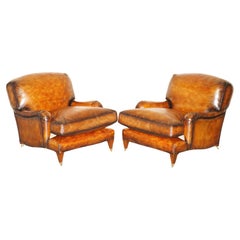 AIR OF EXTRA LARGE HOWARD & SON'S GEORGE SMITH Style BROWN LEATHER ARMCHAIRs