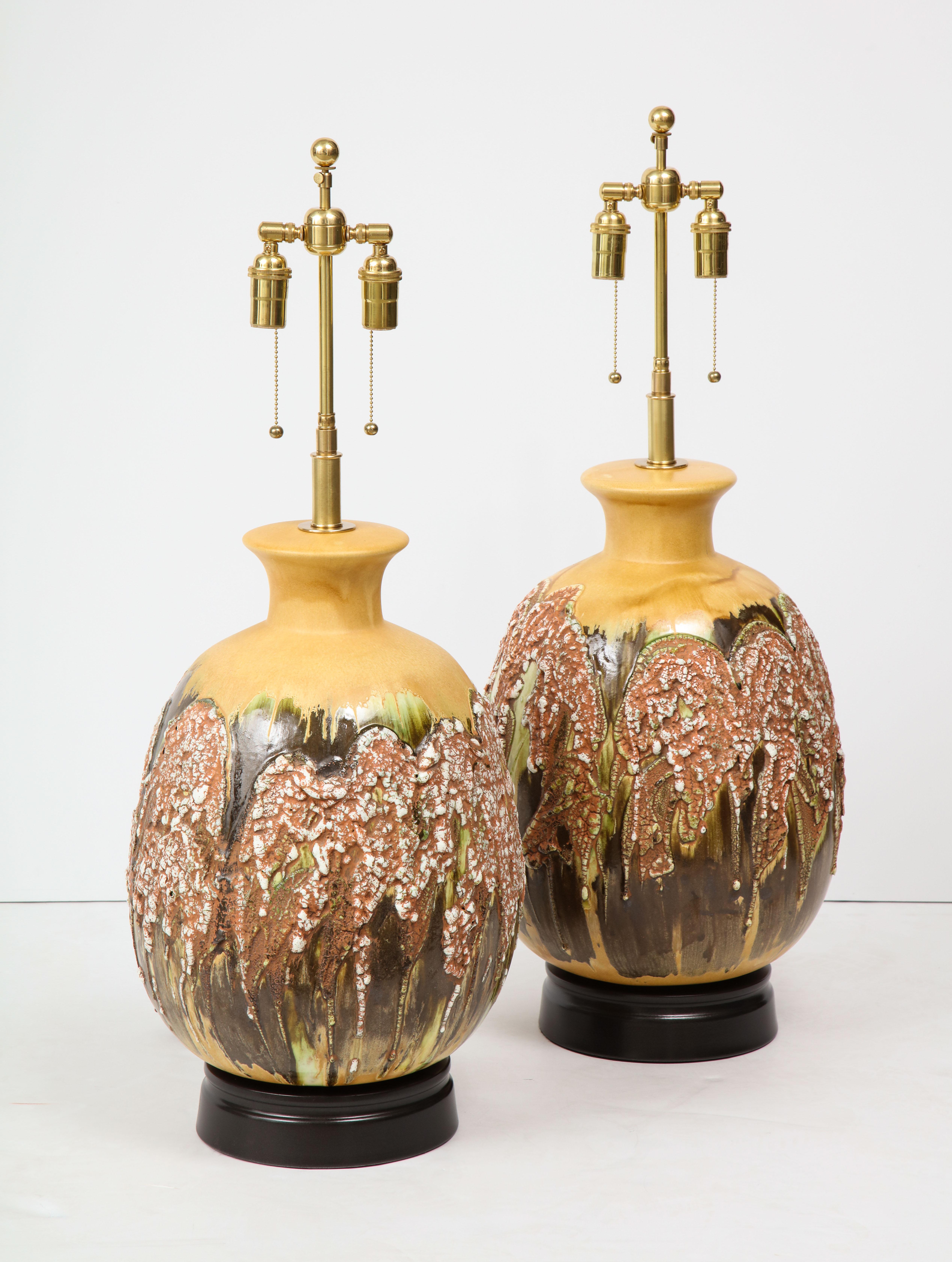 Mid-Century Modern Pair of Extra Large Italian Volcanic Glazed Ceramic Lamps For Sale