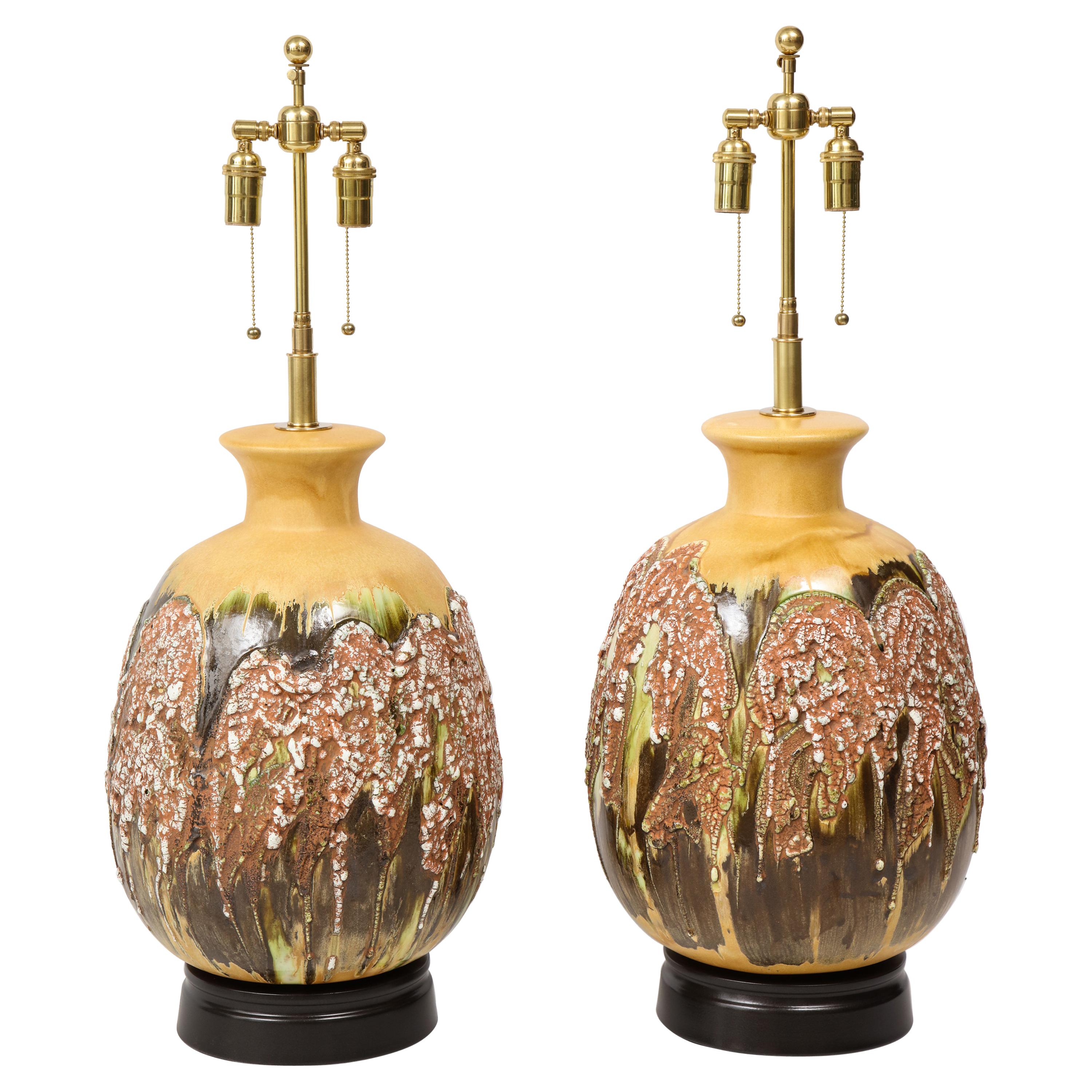 Pair of Extra Large Italian Volcanic Glazed Ceramic Lamps For Sale