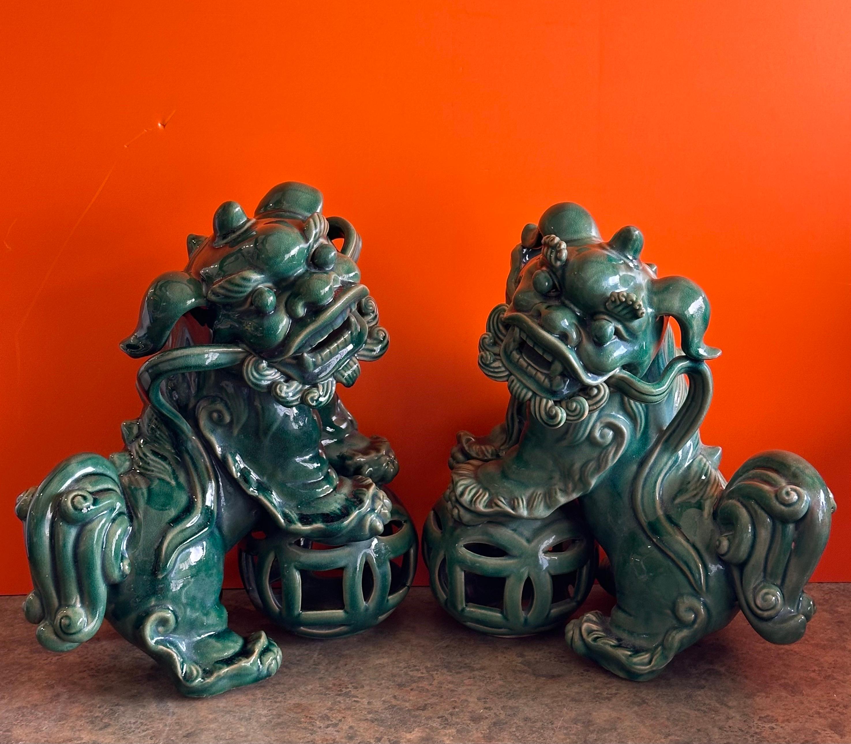 Pair of Extra Large Mid-Century Chinese Ceramic Foo Dogs For Sale 5