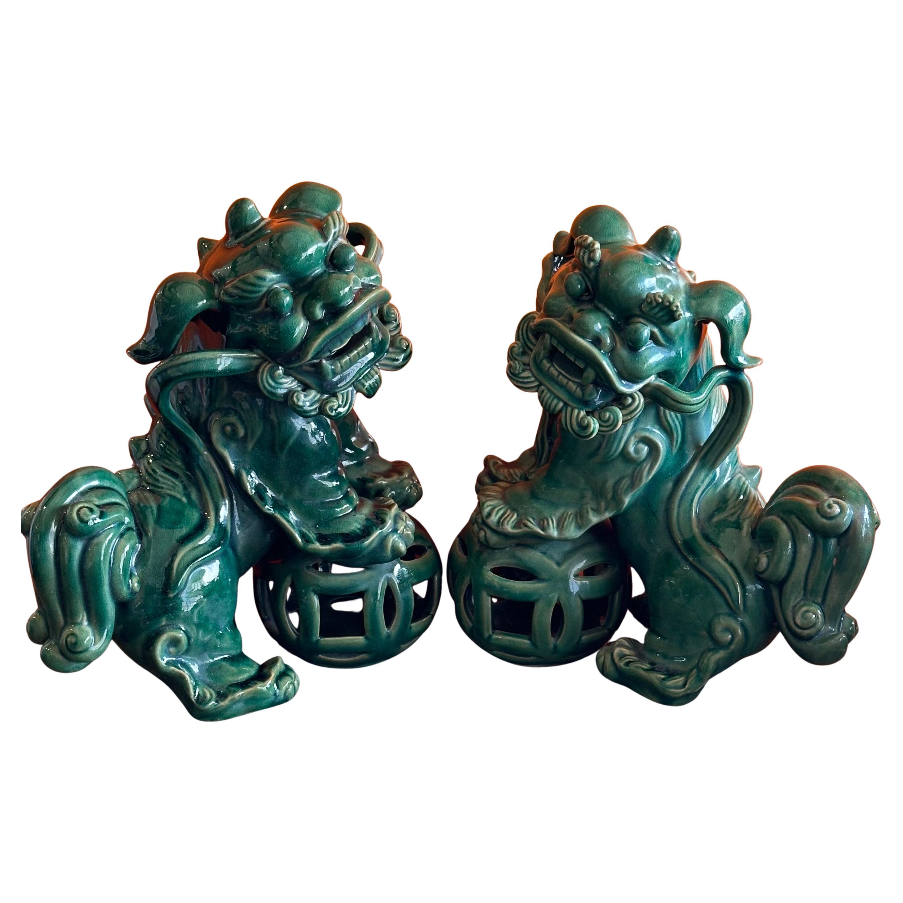 Mid-Century Modern Pair of Extra Large Mid-Century Chinese Ceramic Foo Dogs For Sale