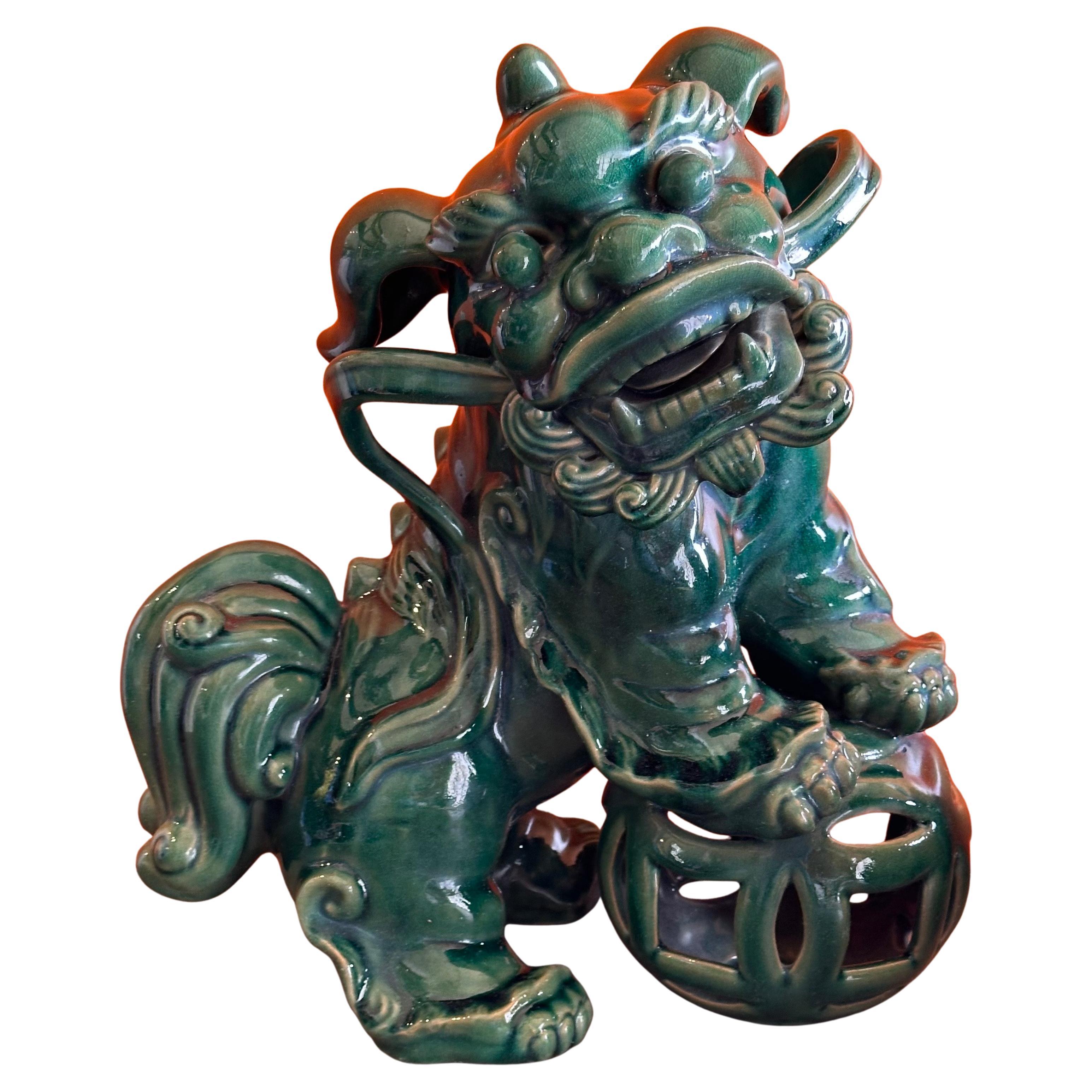 Hand-Crafted Pair of Extra Large Mid-Century Chinese Ceramic Foo Dogs For Sale