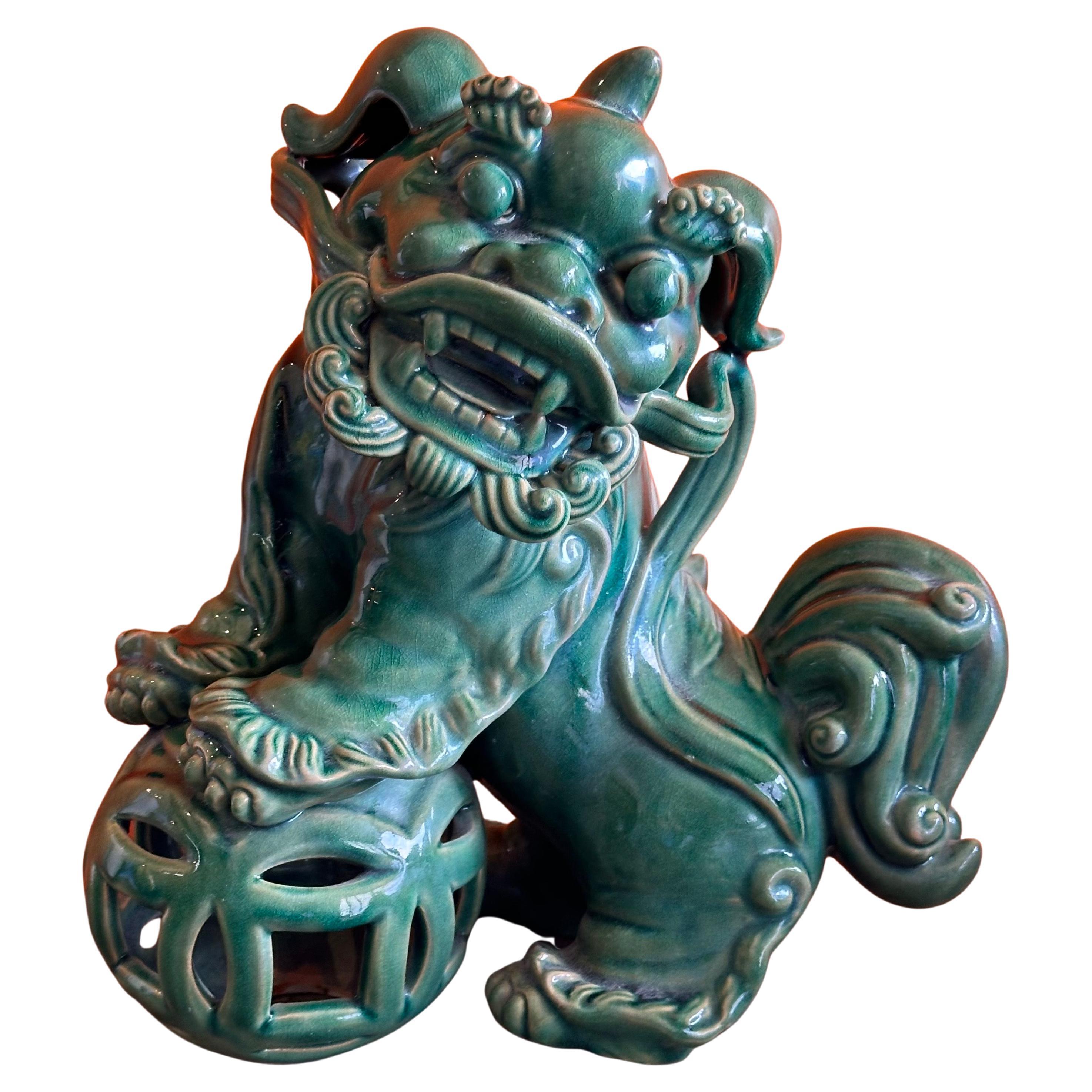 Pair of Extra Large Mid-Century Chinese Ceramic Foo Dogs In Good Condition For Sale In San Diego, CA