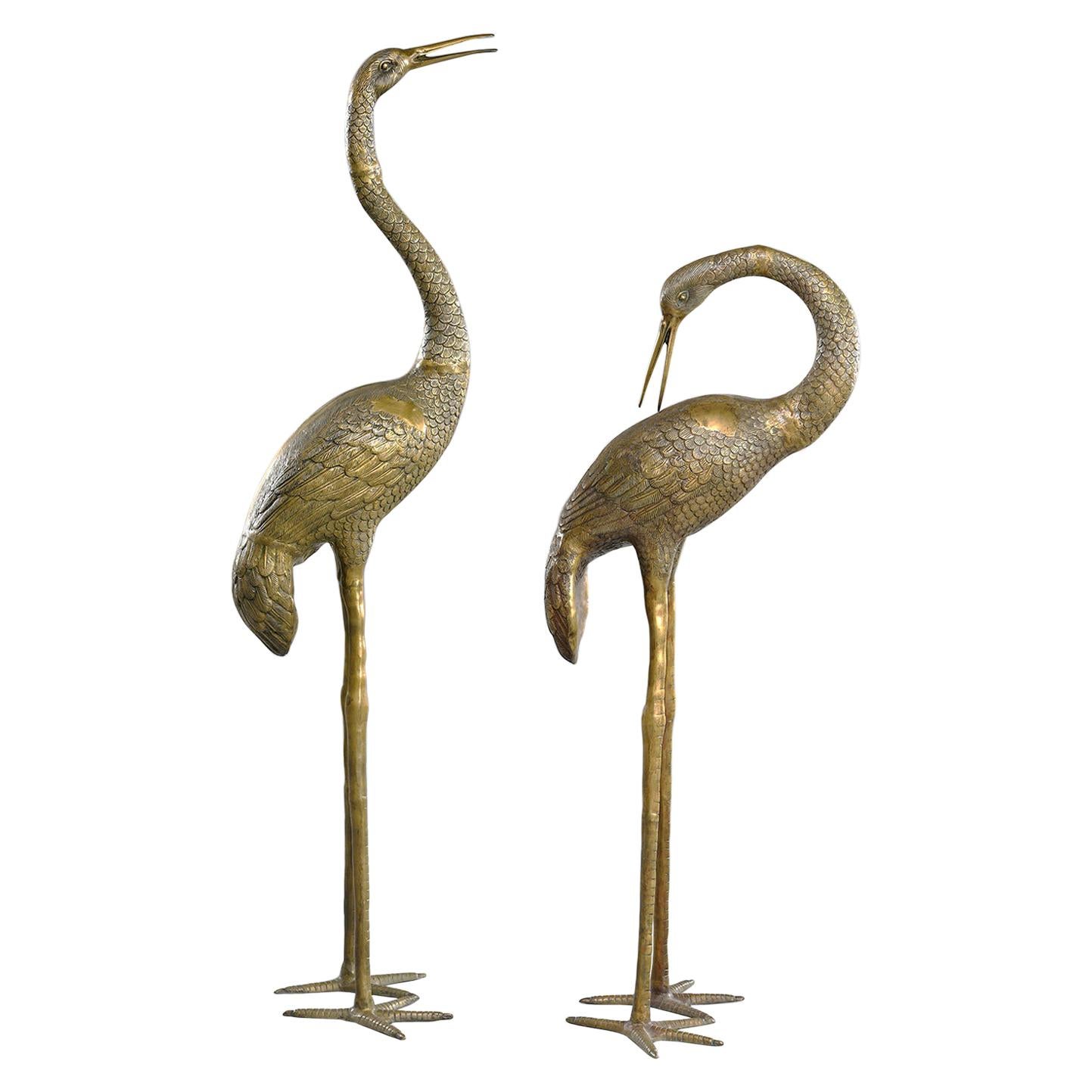 Pair of Extra Large Midcentury Brass Crane or Heron Sculptures