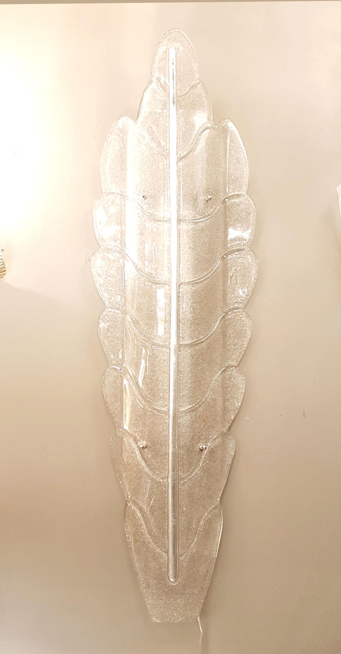 Pair of Mid-Century Modern extra large leaf sconces in Murano glass, silver and gold on beige hues glass. 
Attributed to Barovier e Toso, Murano, Italy 1970s.
One single piece of thick glass. Murano handmade.
4 lights each, rewired.
    