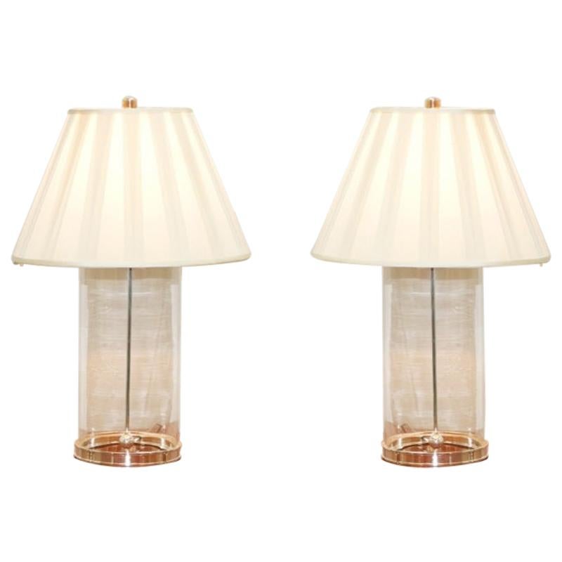 Pair of Extra Large Ralph Lauren Glass & Brass Storm Lantern Table Lamps +Shades