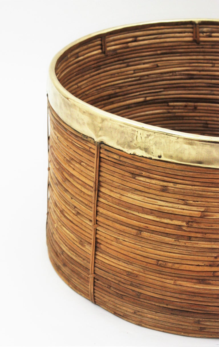 Pair of Extra Large Rattan Round Planters / Baskets with Brass Rim