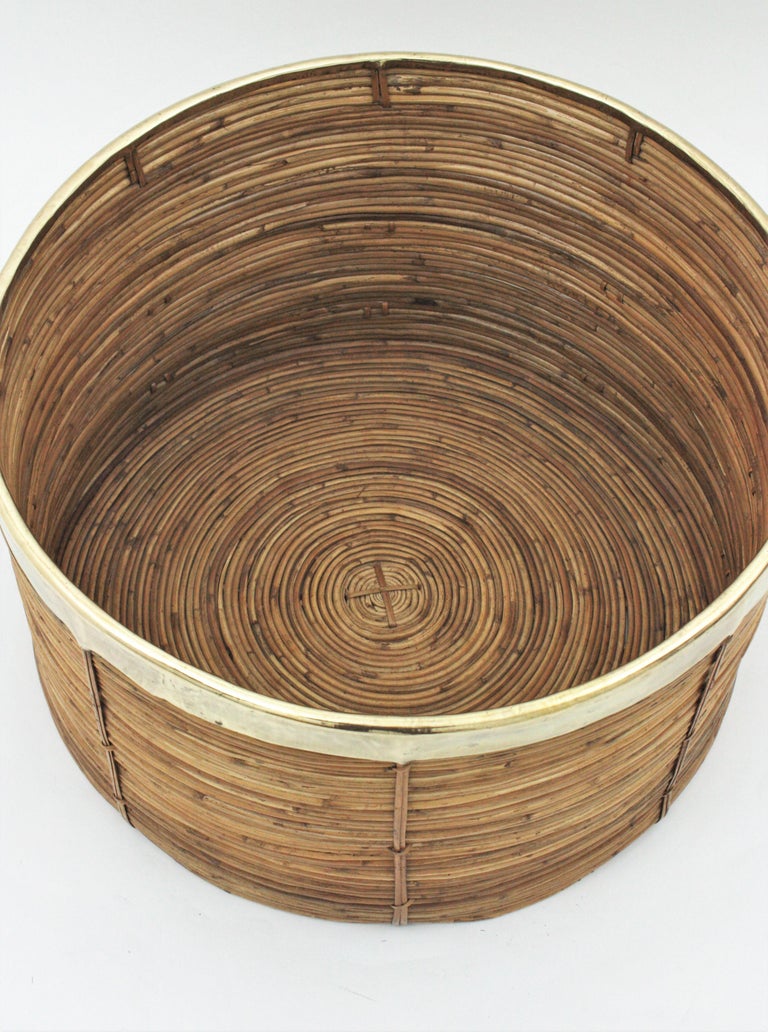 Pair of Extra Large Rattan Round Planters / Baskets with Brass Rim