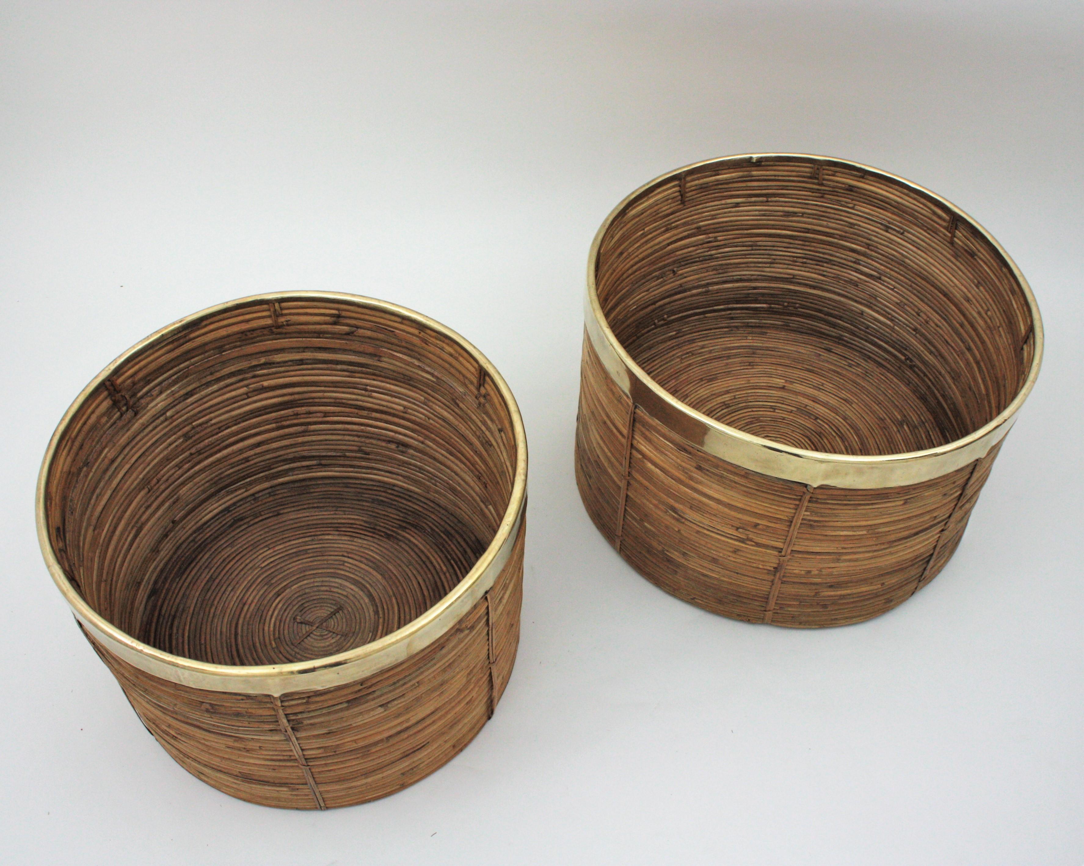 Pair of Extra Large Rattan Round Planters with Brass Rim, Italy, 1970s 5