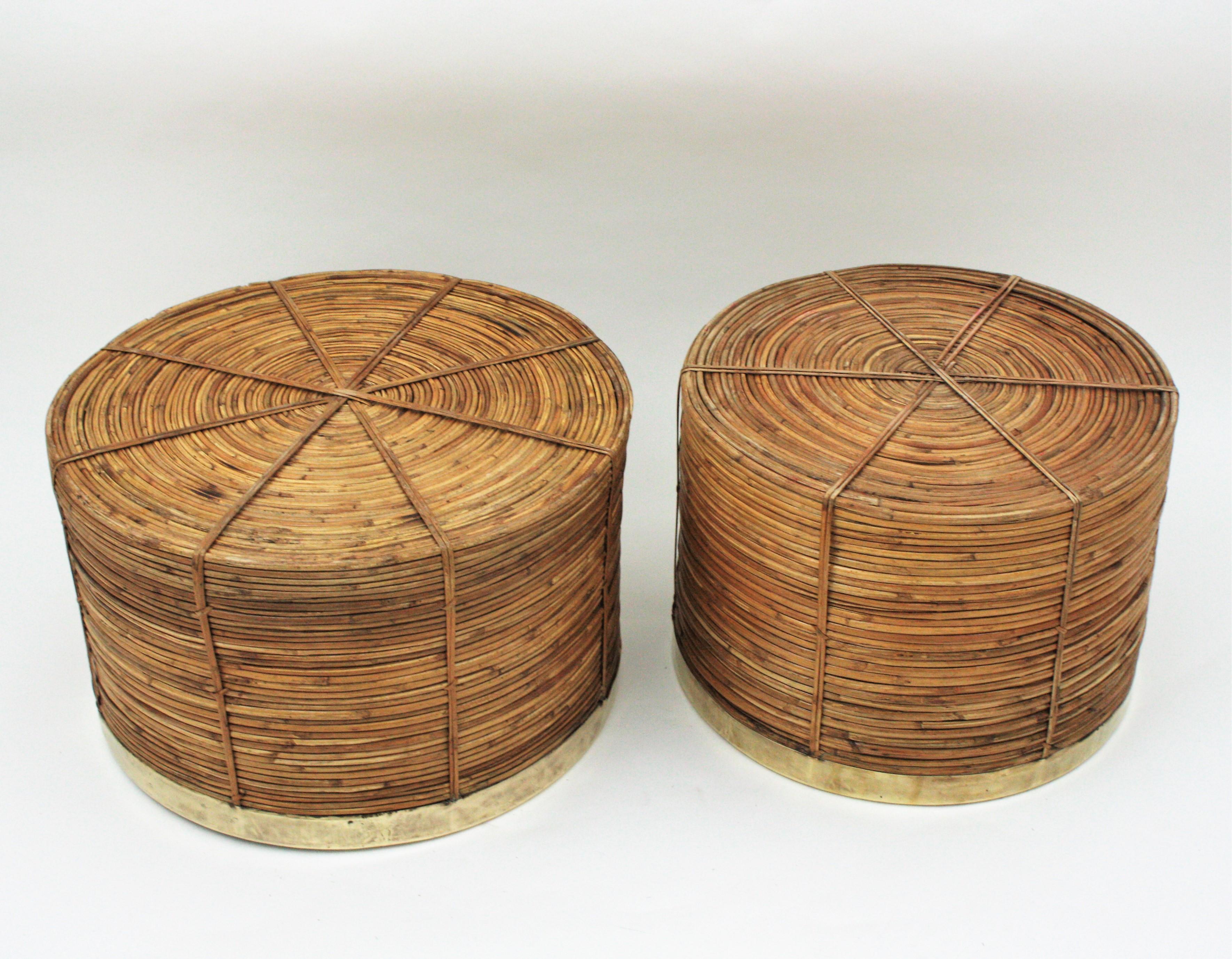 Pair of Extra Large Rattan Round Planters with Brass Rim, Italy, 1970s 6