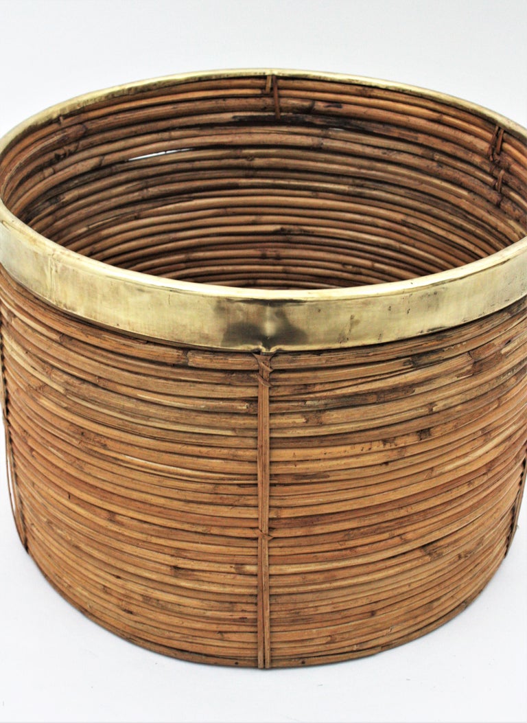 Pair of Extra Large Rattan Round Planters / Baskets with Brass Rim