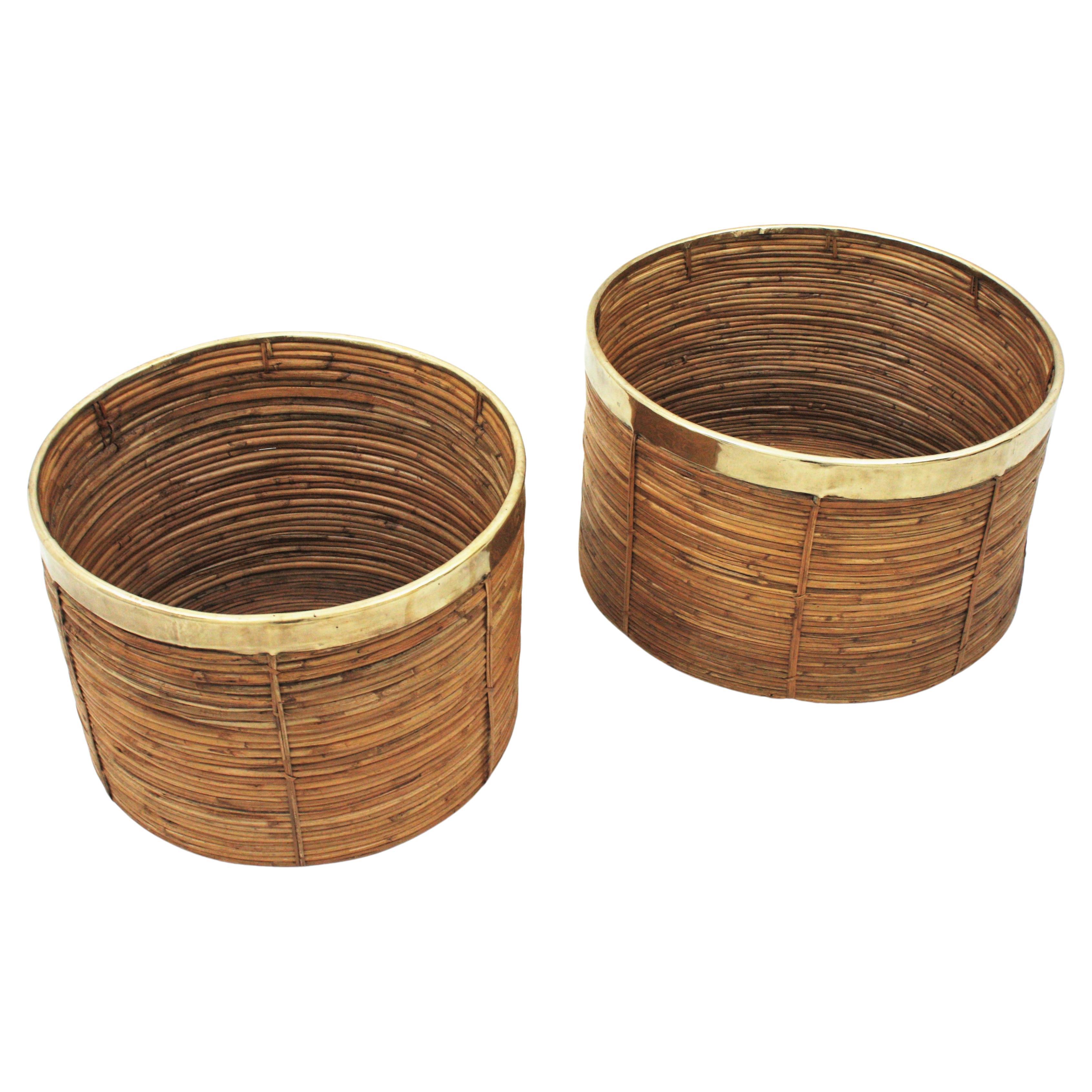 Pair of Extra Large Rattan Round Planters / Baskets with Brass Rim, Italy, 1970s