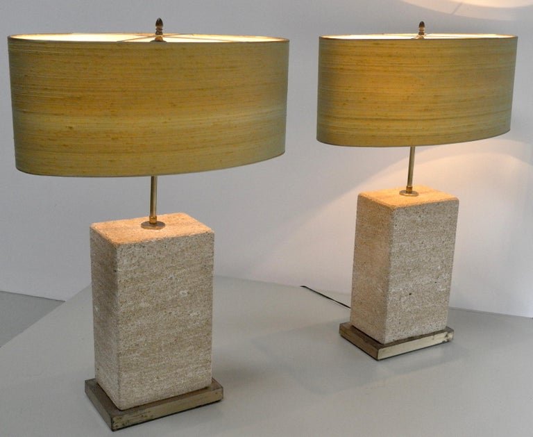 Pair of Extra Large Sandstone, Brass and Silk Table Lamps by Roger