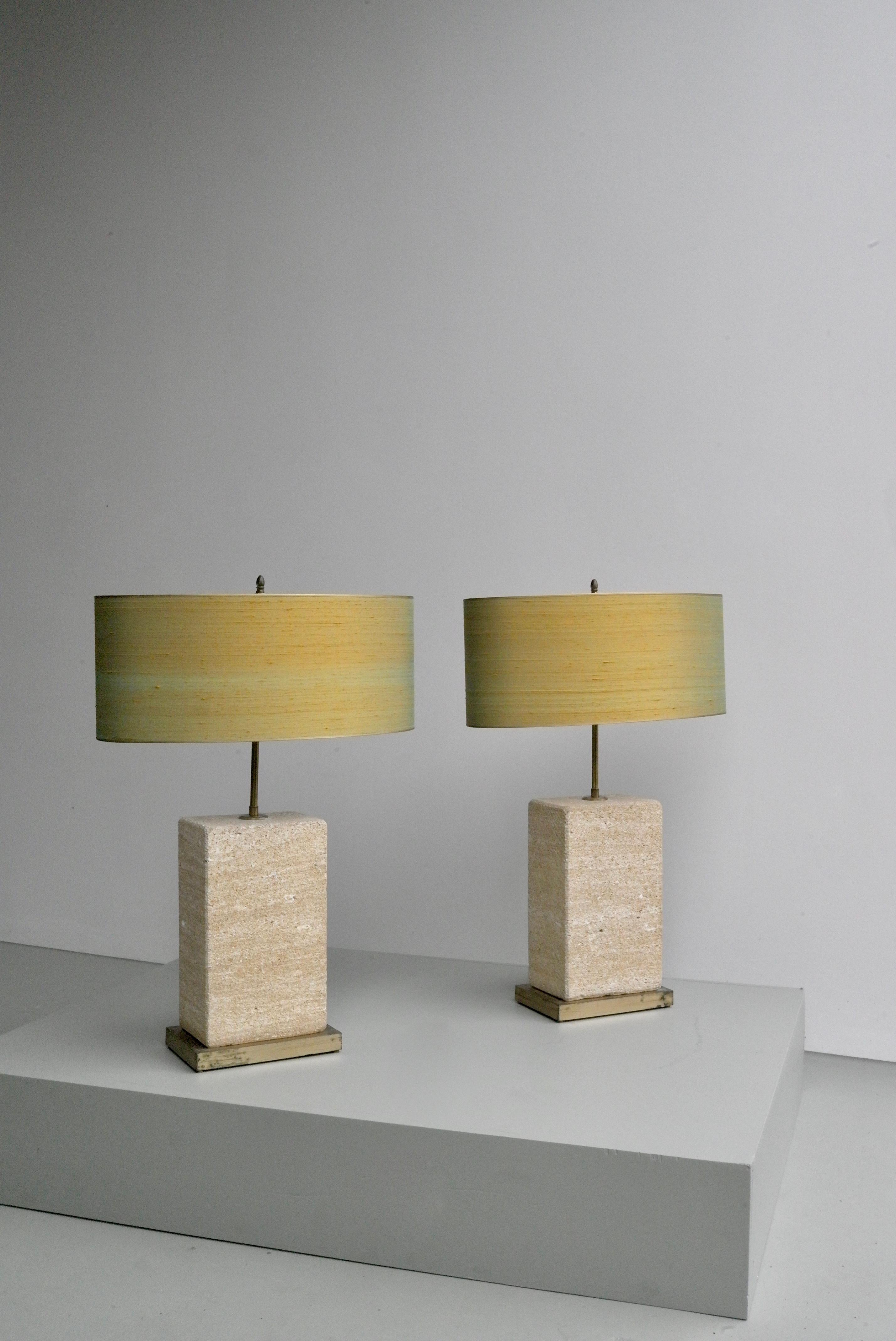 Belgian Pair of Extra Large Sandstone, Brass and Silk Table Lamps by Roger Vanhevel For Sale