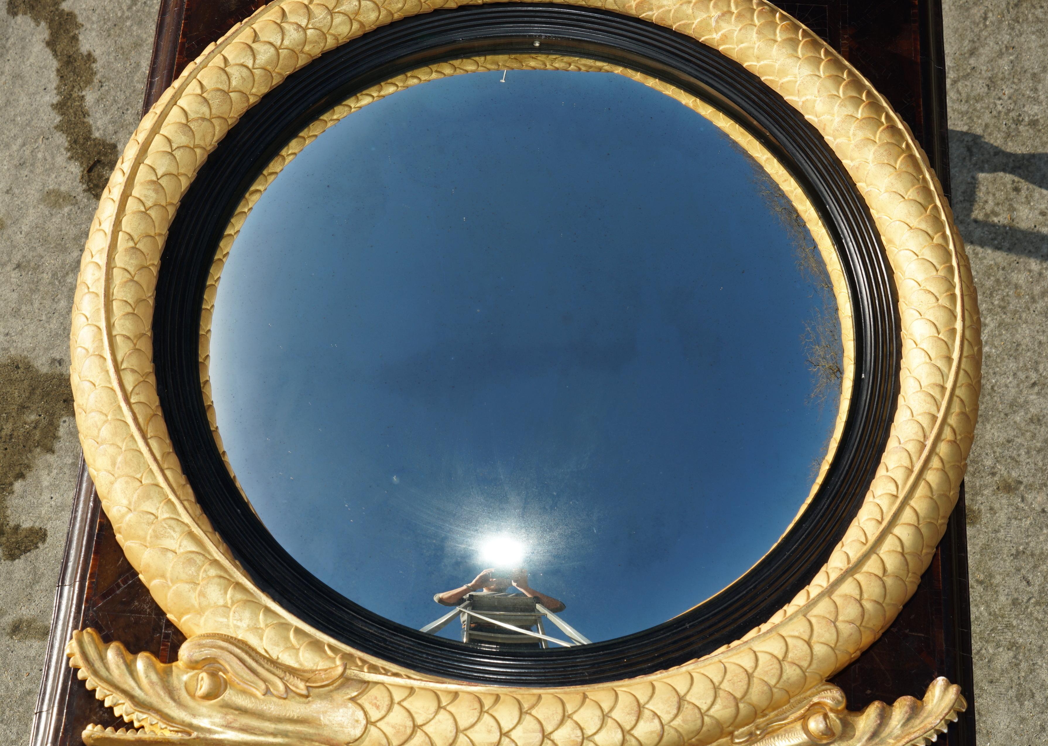 PAIR OF EXTRA LARGE STUNNING REGENCY STYLE GOLD GILT TWIN SERPENT CONVEX MiRRORS For Sale 3