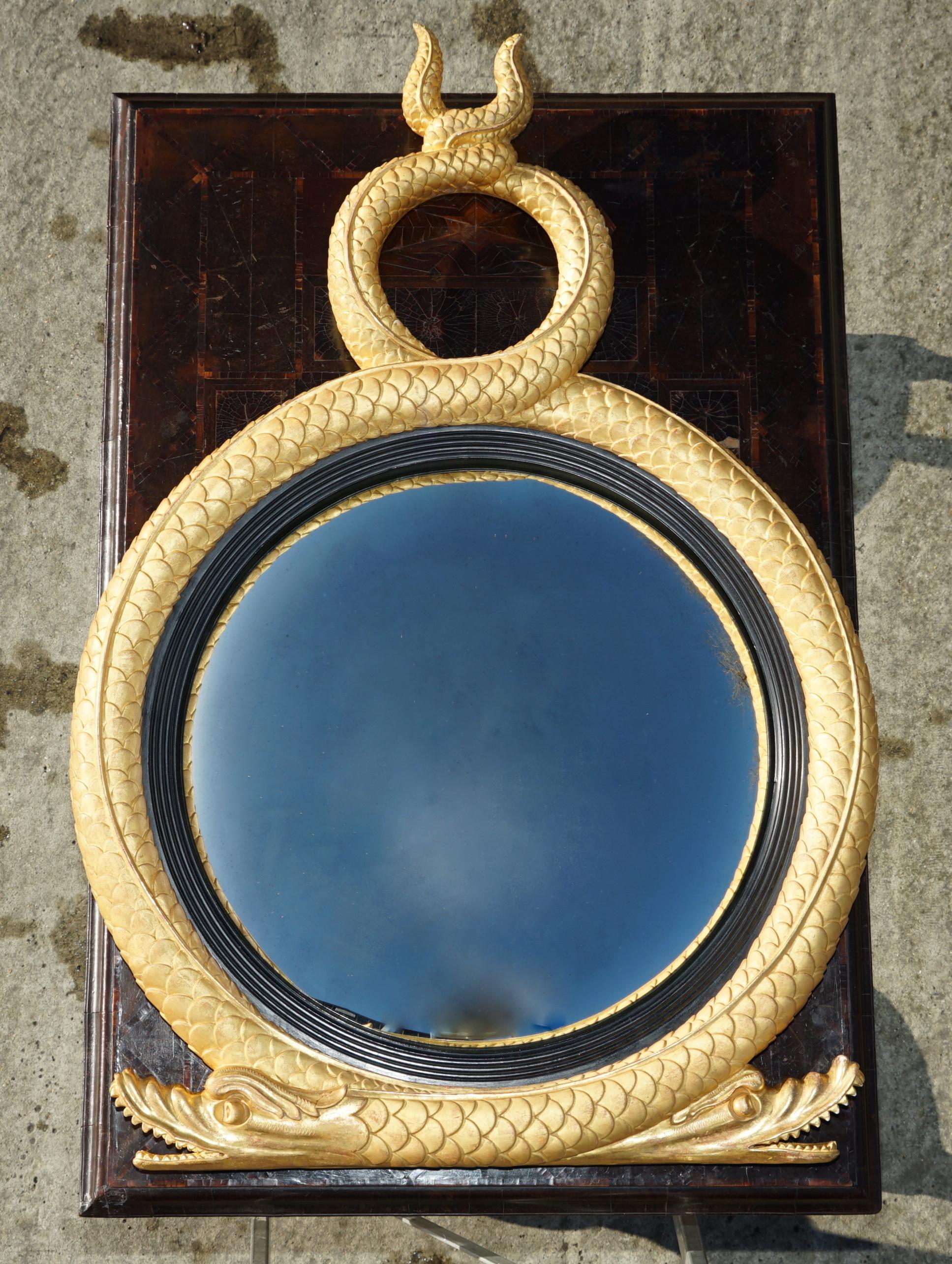PAIR OF EXTRA LARGE STUNNING REGENCY STYLE GOLD GILT TWIN SERPENT CONVEX MiRRORS For Sale 2