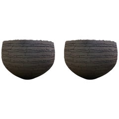 Black Textured Pair Extra Large Terracotta Planters, Belgium, Contemporary