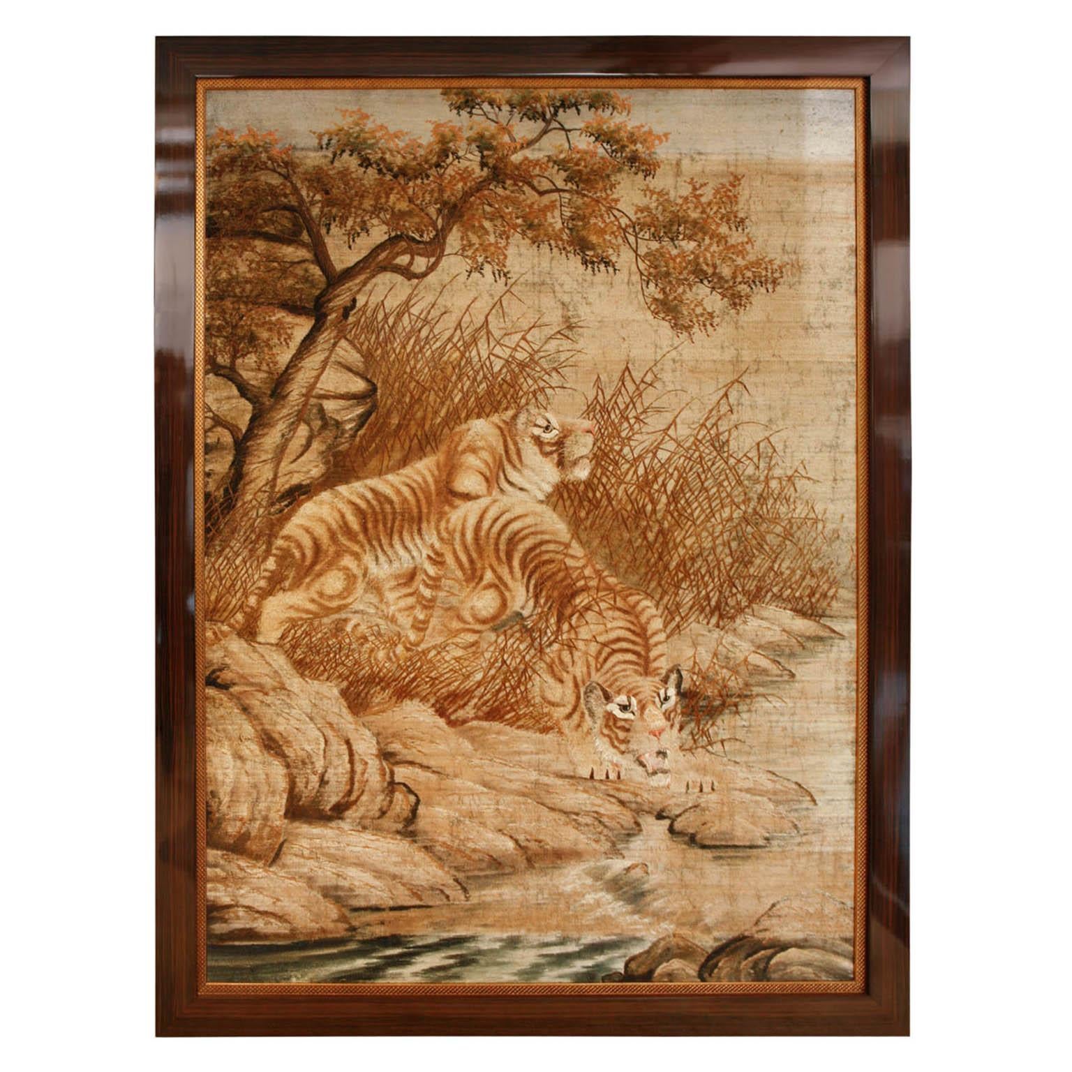 Beautifully hand-stitched tapestries depicting a pair of tigers and a pair of lions. Detailed shading and three dimensional weaving. Framed in high gloss Macassar with an inner golden border. 
 