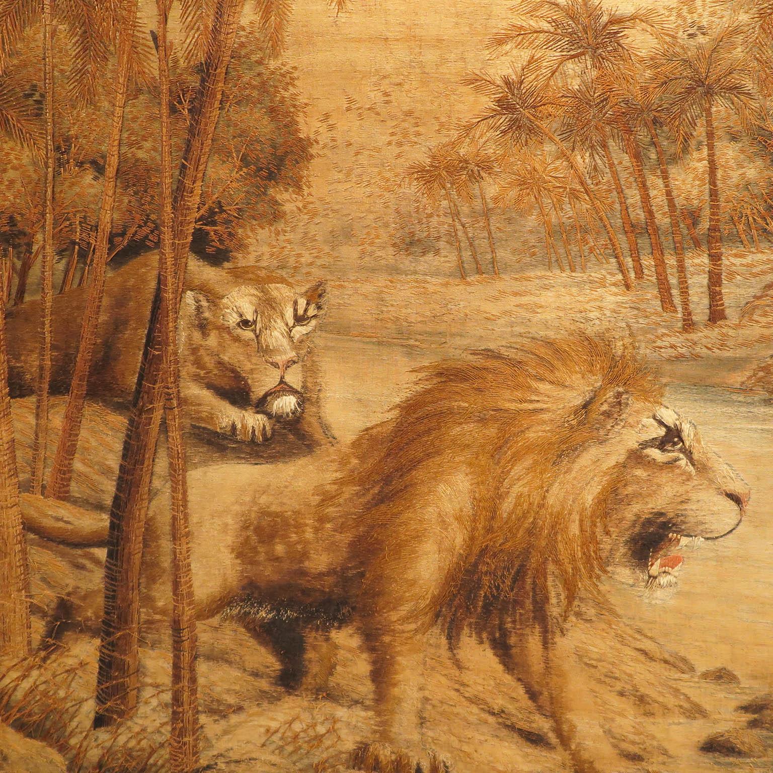 Art Deco Pair of Extra Large Tiger and Lion Tapestries, France, circa 1930s