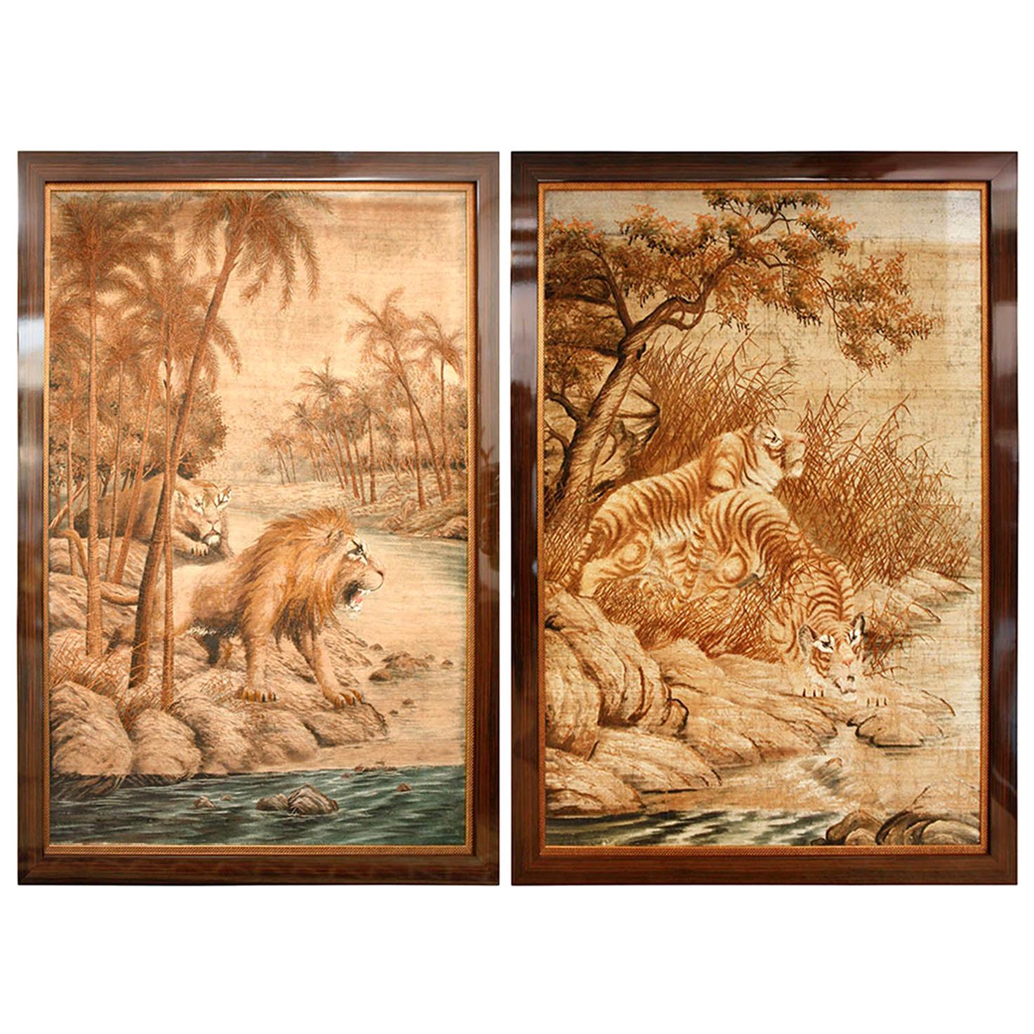 Pair of Extra Large Tiger and Lion Tapestries, France, circa 1930s
