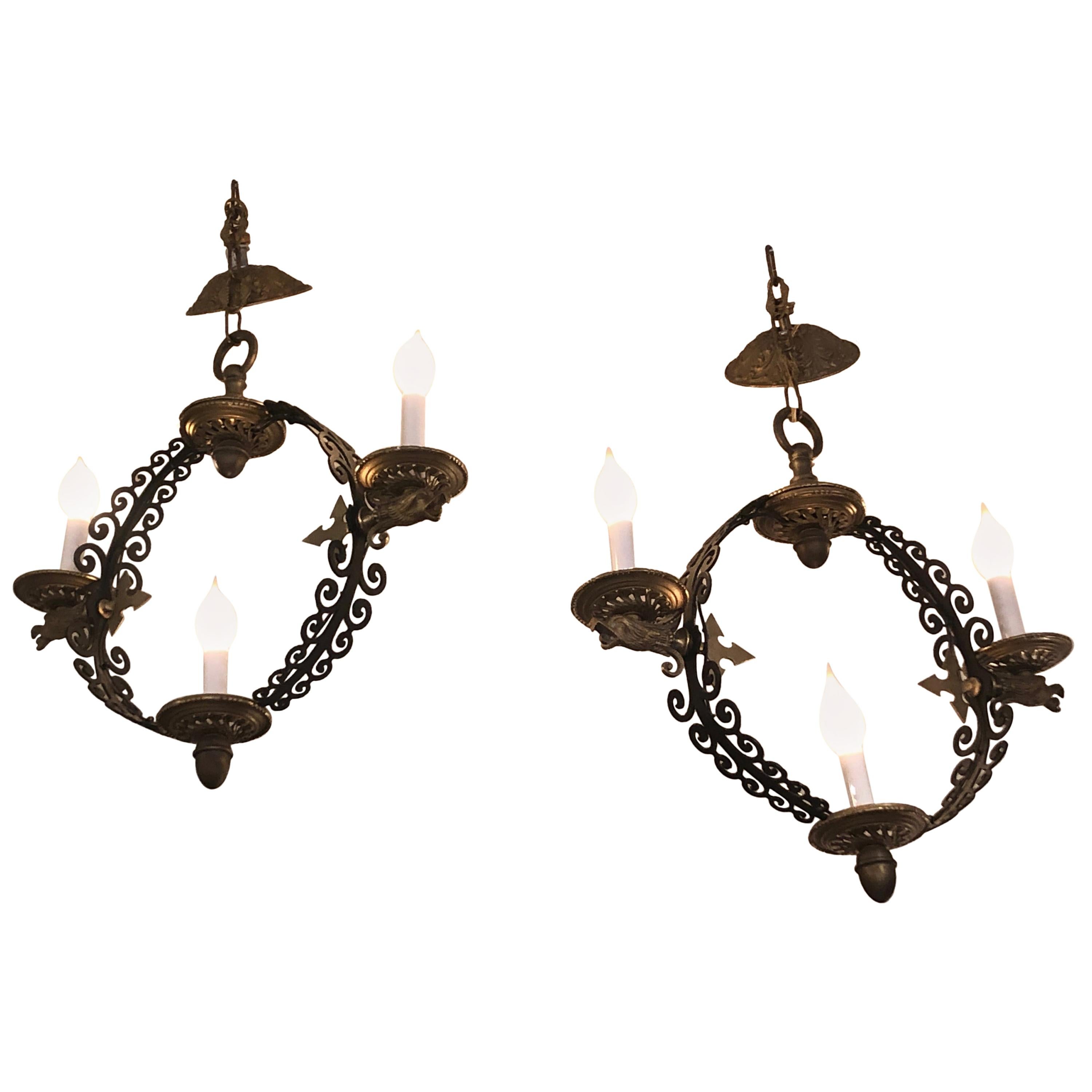 Pair of Extraordinary and Rare Medieval Style Antique Light Fixtures