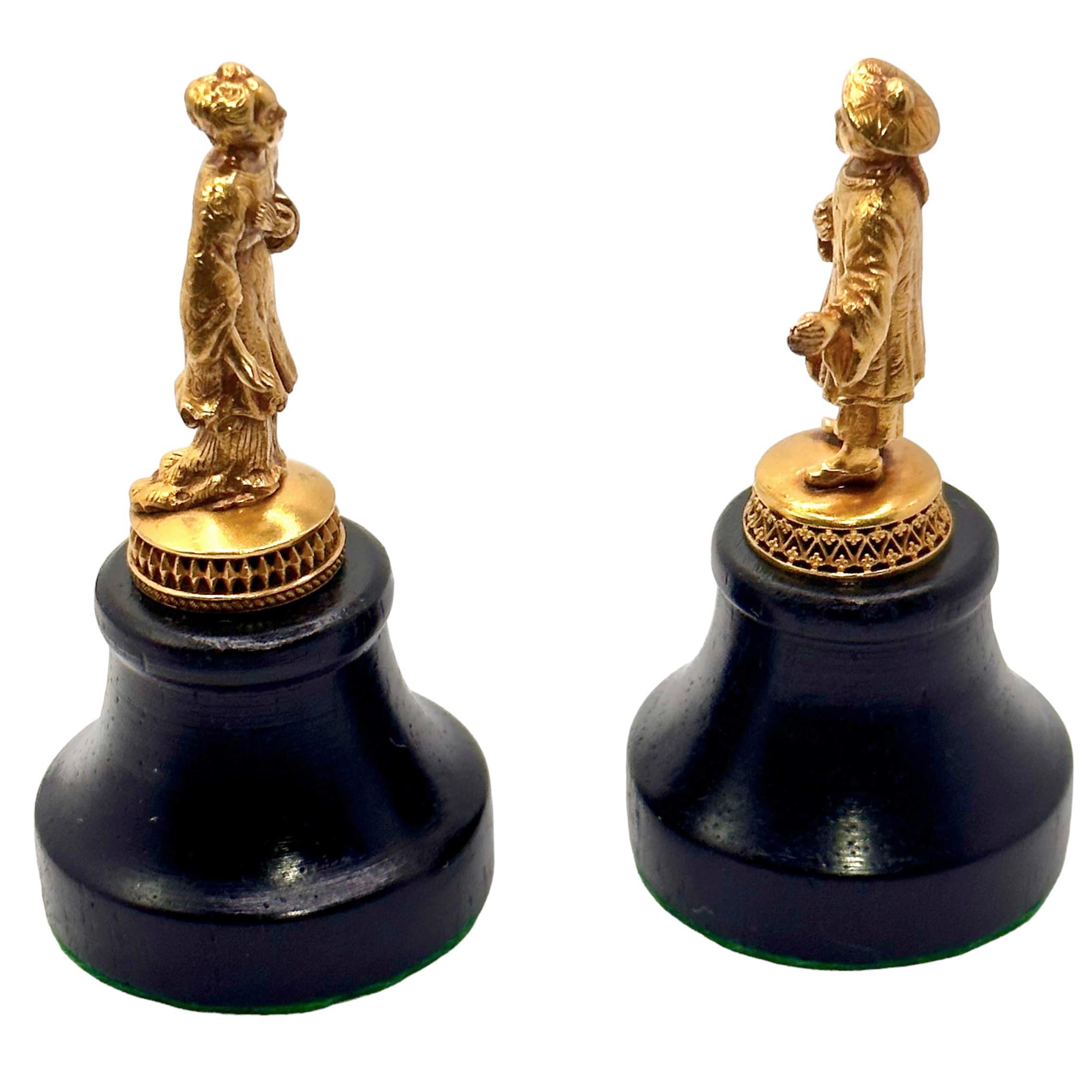 Artist Pair of Extraordinary Antique Dutch Gold Asian Caricature Figurines on Bases   For Sale