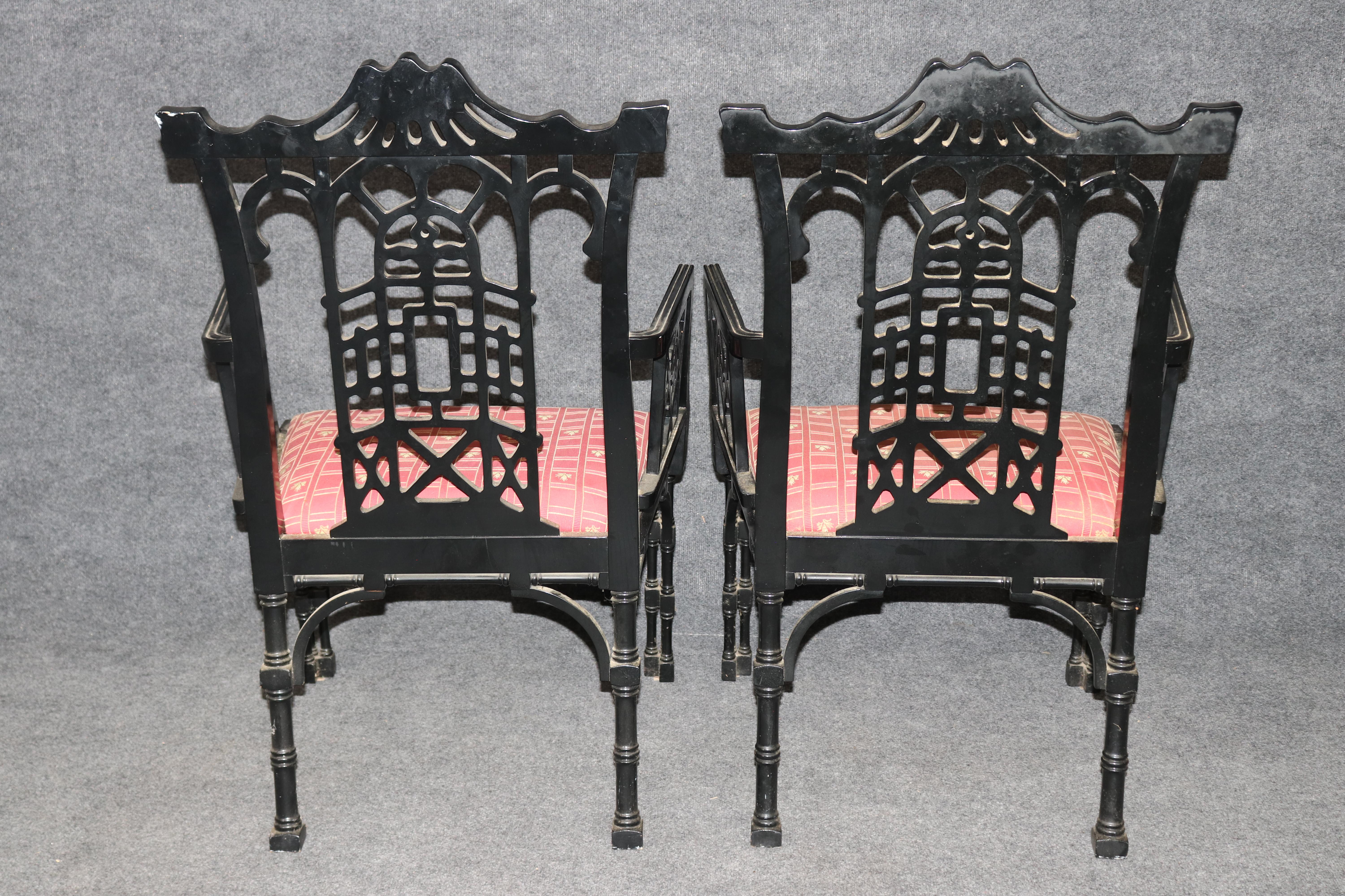 Pair of Extraordinary Ebonized Chinese Chippendale Armchairs from England In Good Condition For Sale In Swedesboro, NJ
