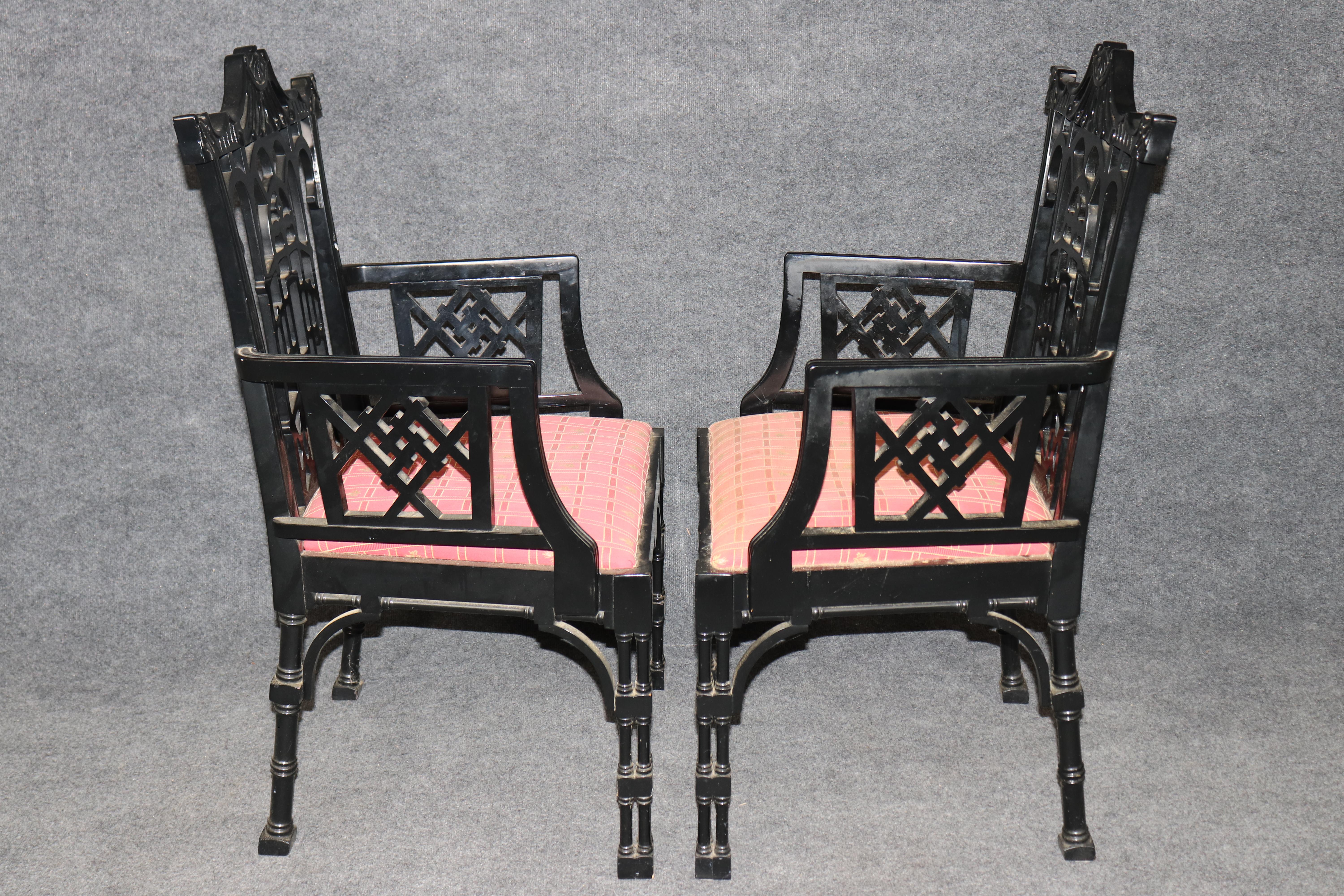Early 20th Century Pair of Extraordinary Ebonized Chinese Chippendale Armchairs from England For Sale