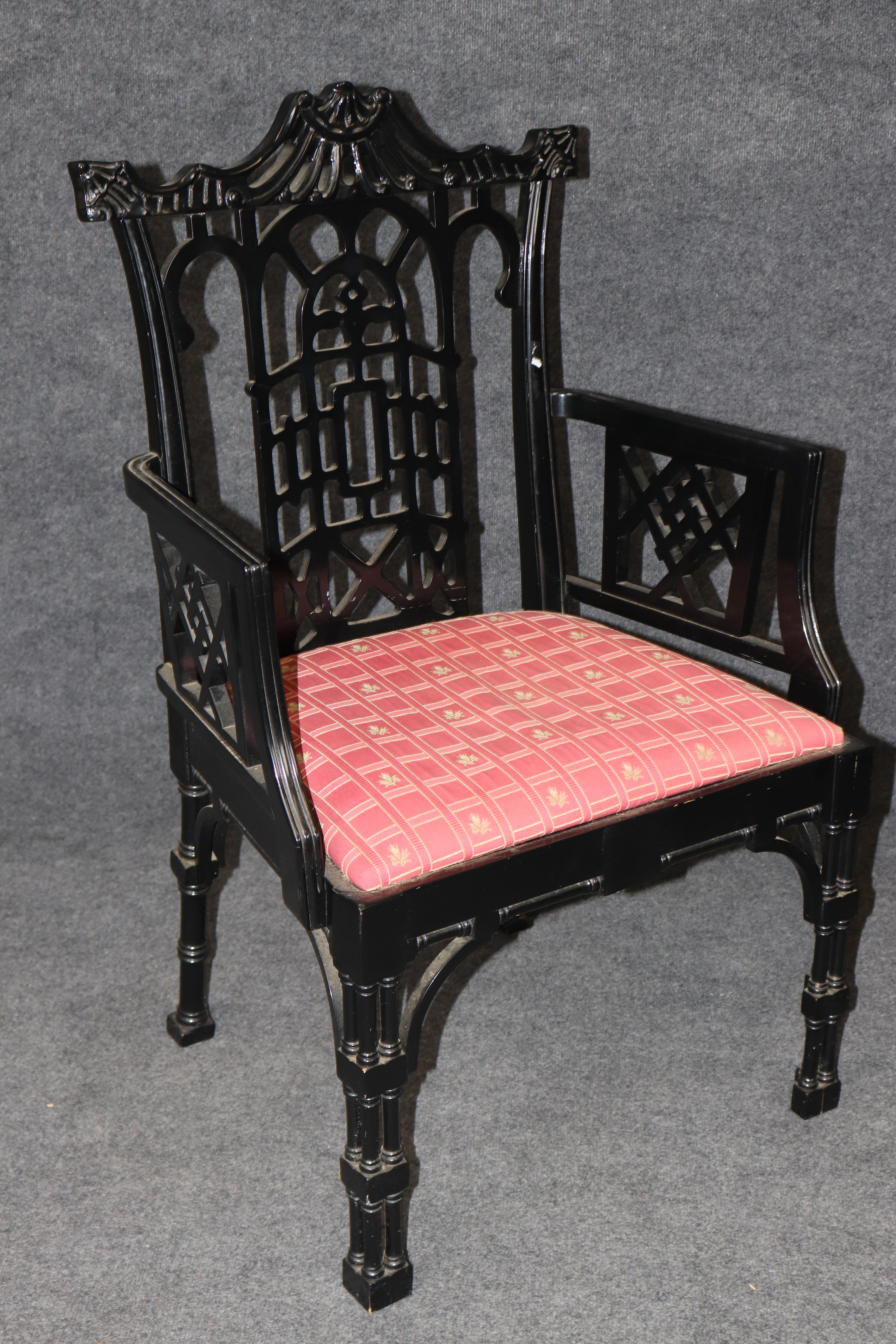 Walnut Pair of Extraordinary Ebonized Chinese Chippendale Armchairs from England For Sale