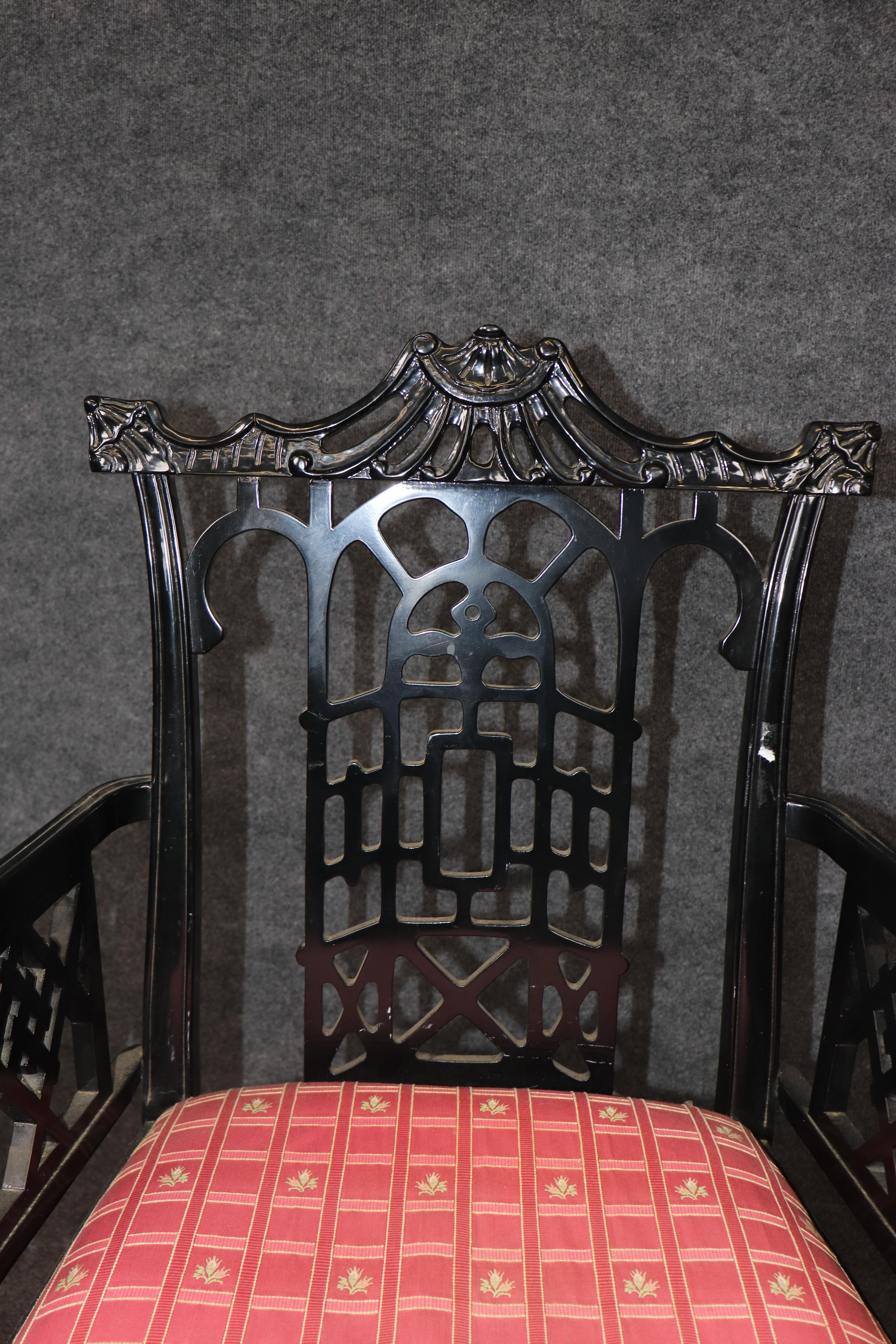 Pair of Extraordinary Ebonized Chinese Chippendale Armchairs from England For Sale 3