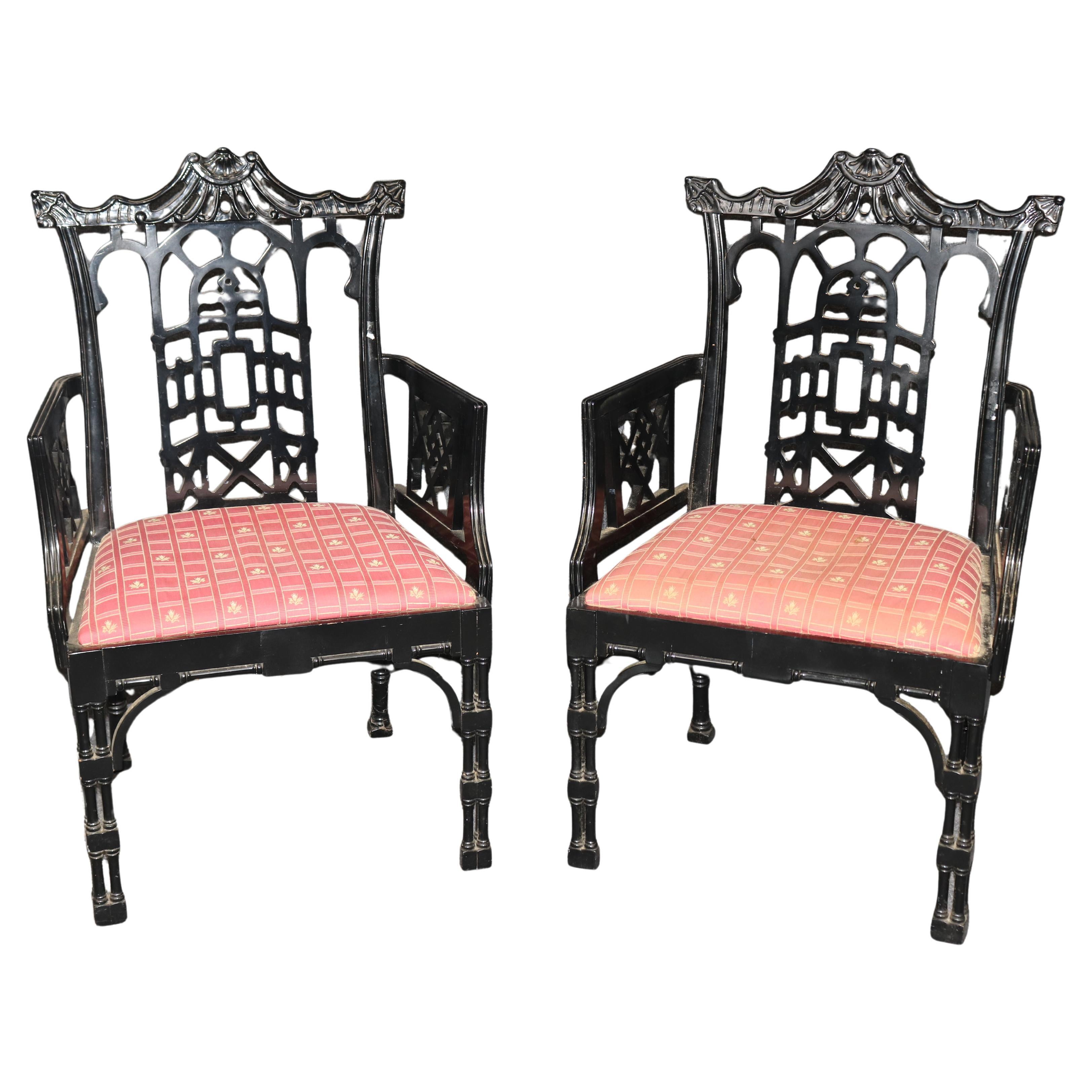 Pair of Extraordinary Ebonized Chinese Chippendale Armchairs from England For Sale