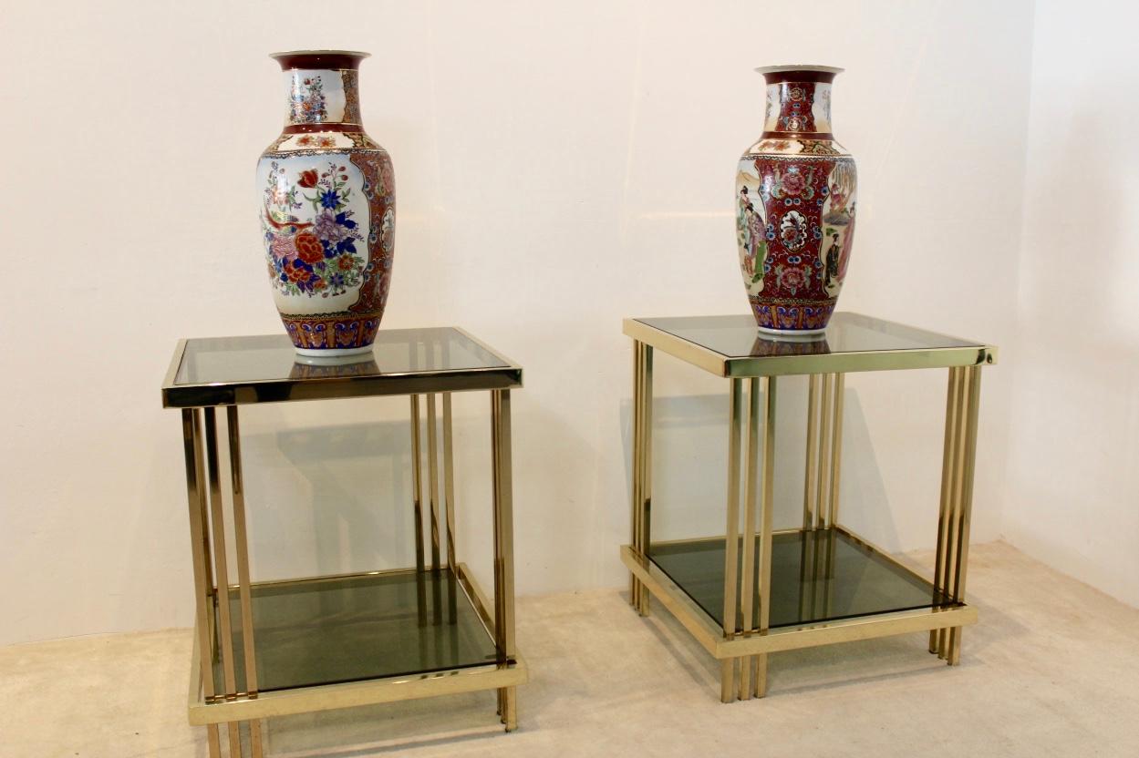 Pair of Extraordinary Graphical Brass and Glass Side Tables, France 1970s 5