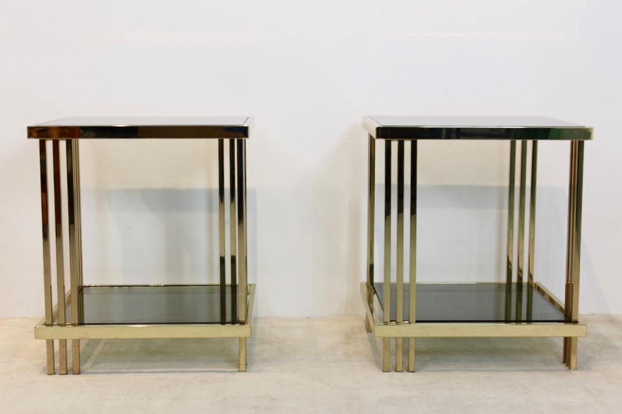 Hollywood Regency Pair of Extraordinary Graphical Brass and Glass Side Tables, France 1970s
