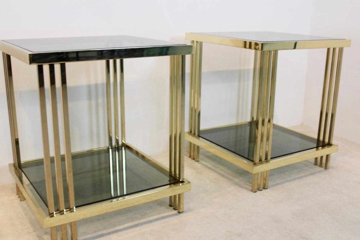 Pair of Extraordinary Graphical Brass and Glass Side Tables, France 1970s In Good Condition In Voorburg, NL
