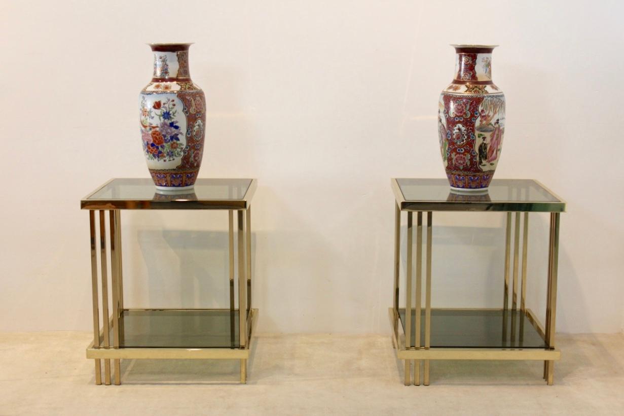 20th Century Pair of Extraordinary Graphical Brass and Glass Side Tables, France 1970s