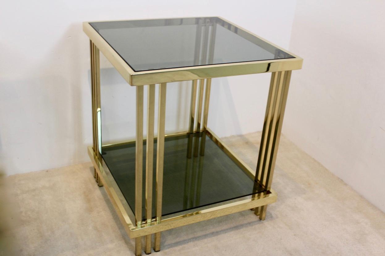 Pair of Extraordinary Graphical Brass and Glass Side Tables, France 1970s 2