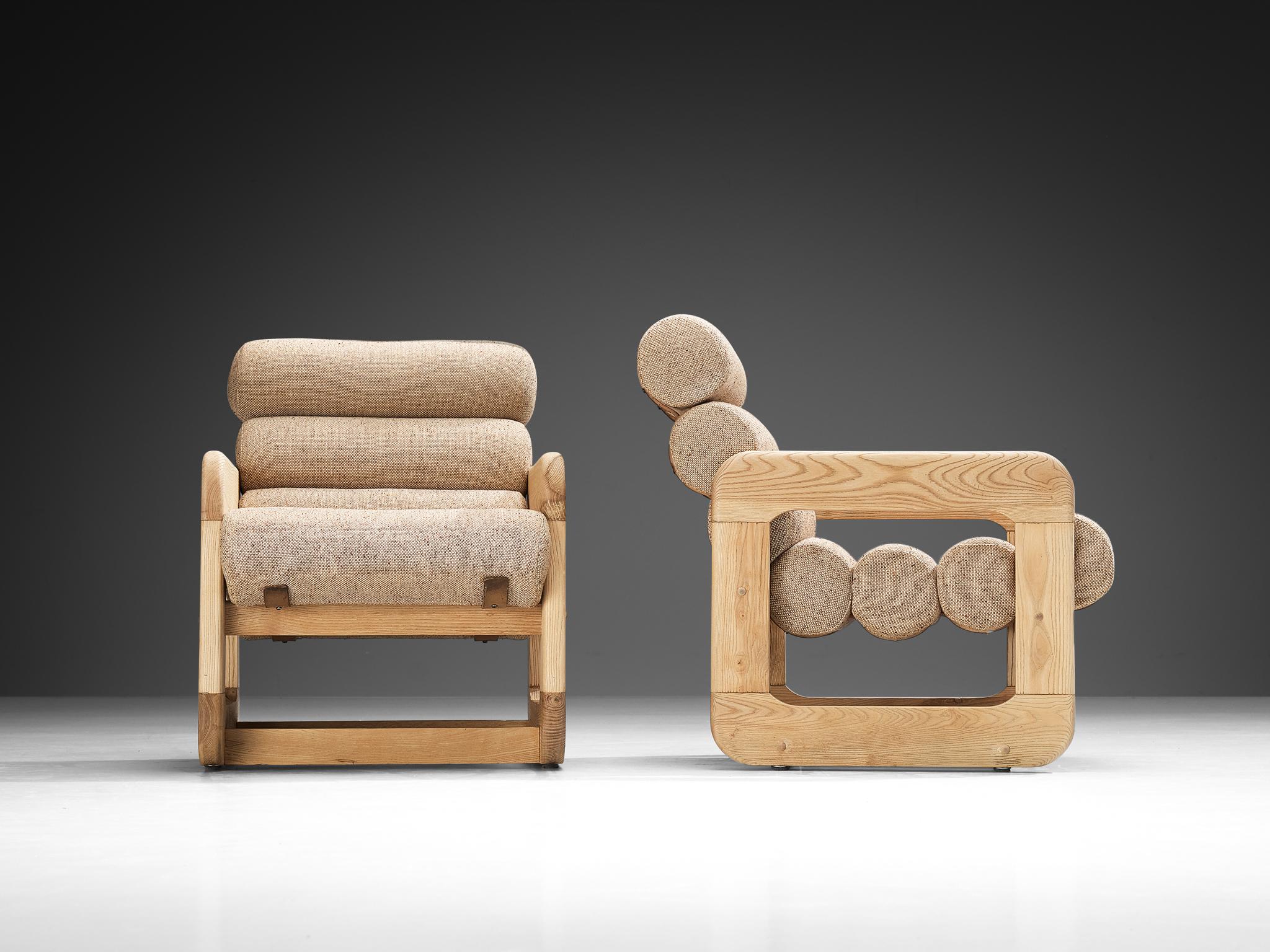 Pair of Extraordinary Lounge Chairs in Ash and Beige Upholstery 1