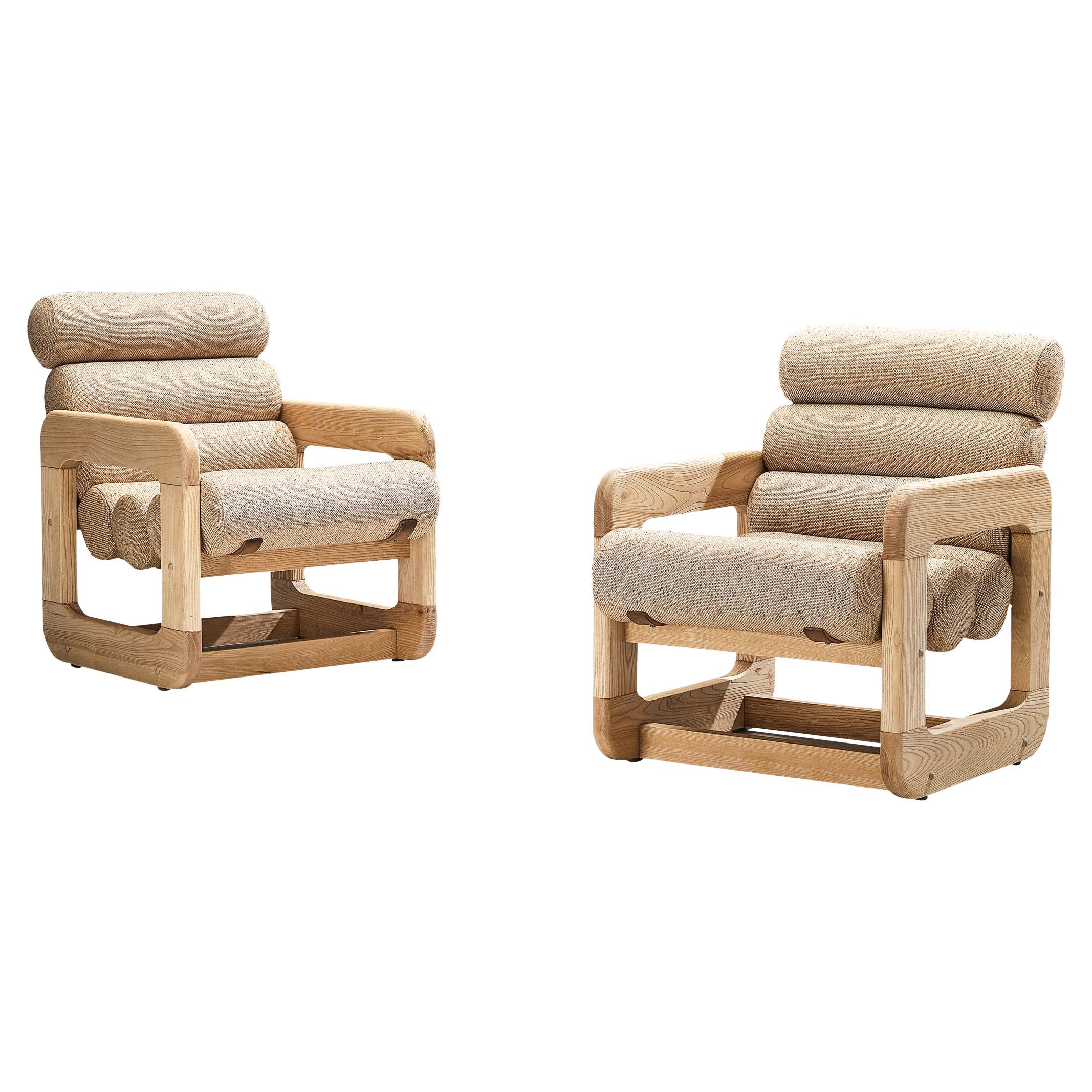 Pair of Extraordinary Lounge Chairs in Ash and Beige Upholstery