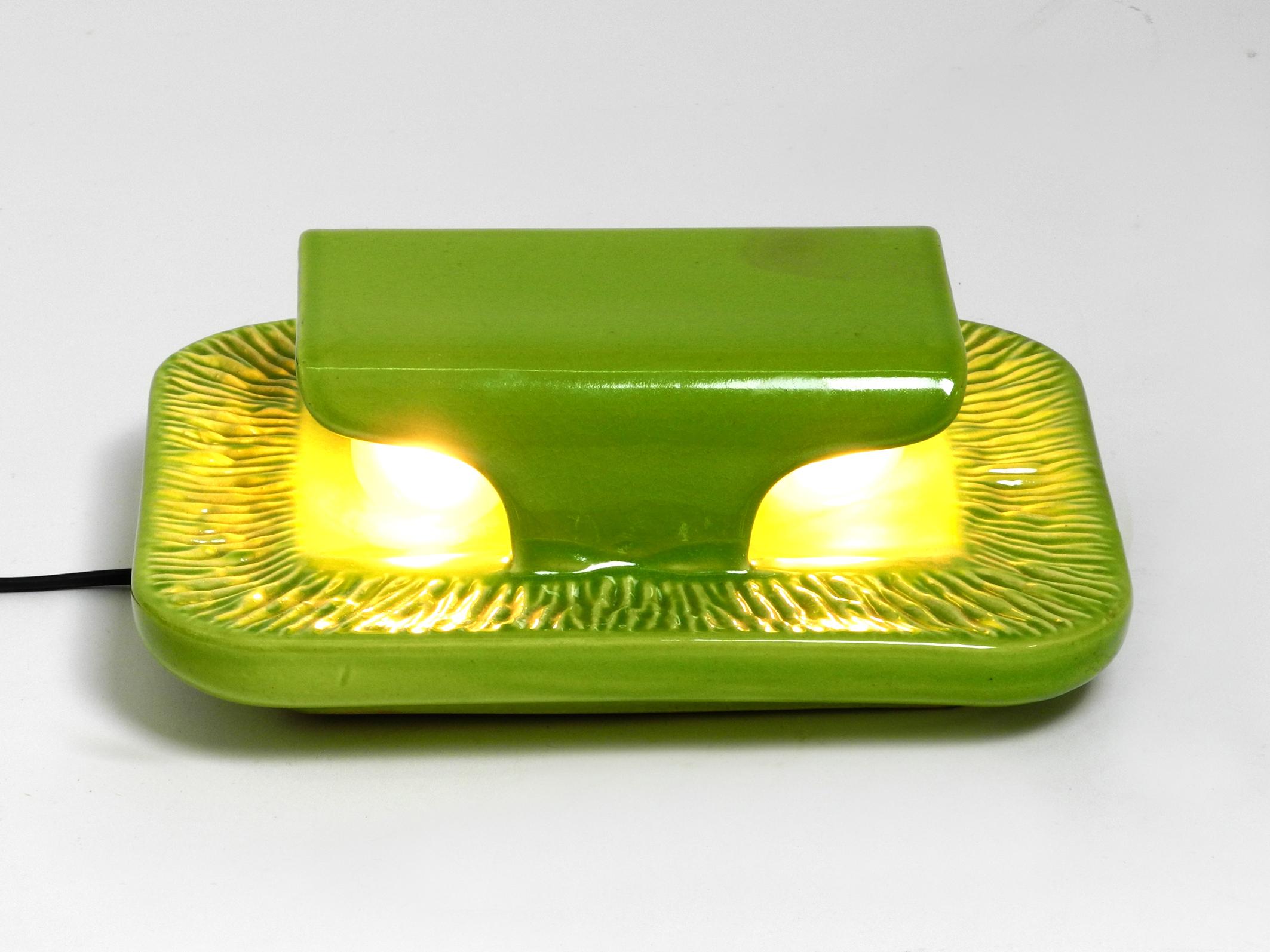 Pair of extraordinary orange and green glazed 60s ceramic wall lights by Kaiser For Sale 7