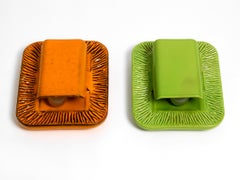 Pair of extraordinary orange and green glazed 60s ceramic wall lights by Kaiser