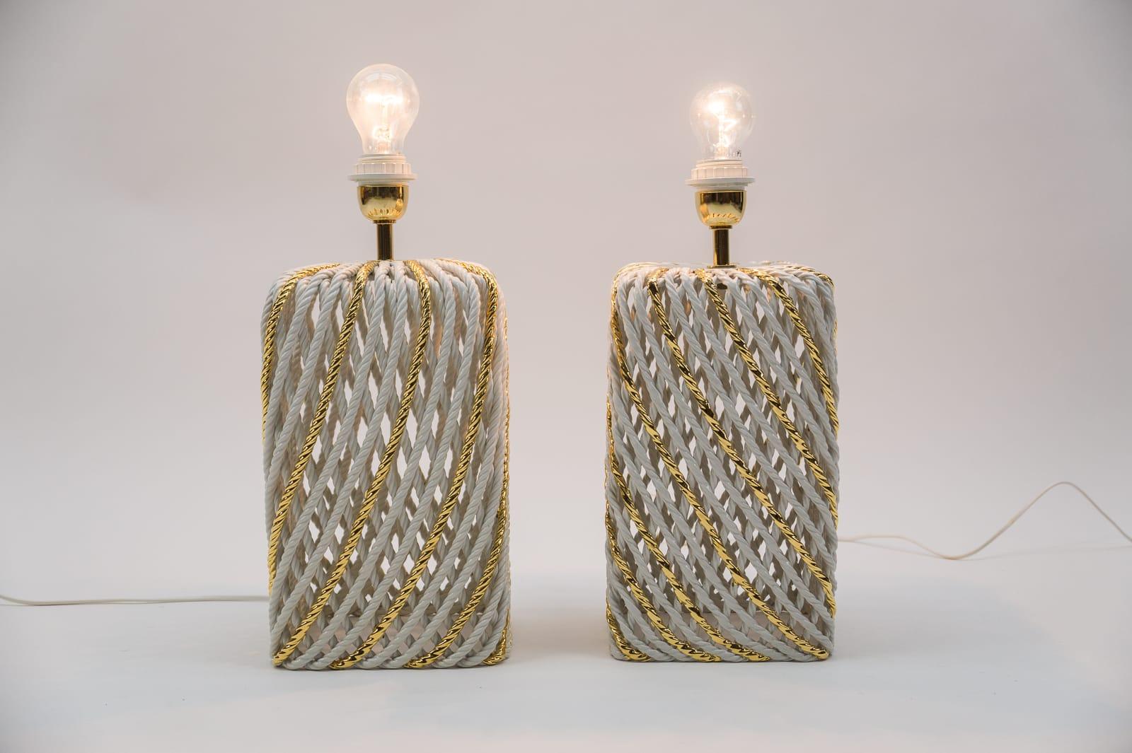 Hollywood Regency Pair of Extravagant Ceramic Braid Table Lamps, 1980s Italy For Sale