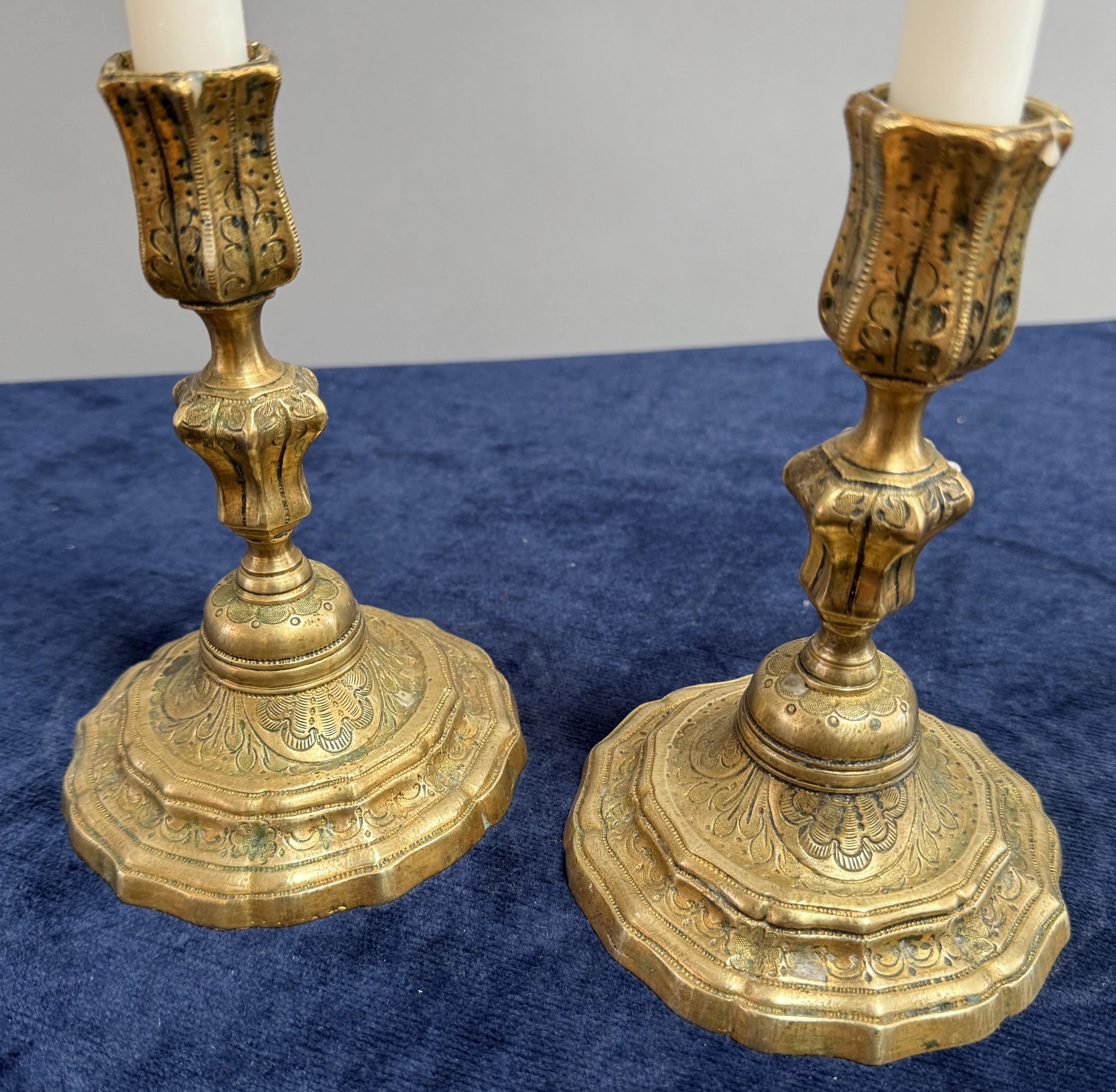 Gilt Pair of Extremely Rare Early 18th Century Regence Period Candlesticks For Sale