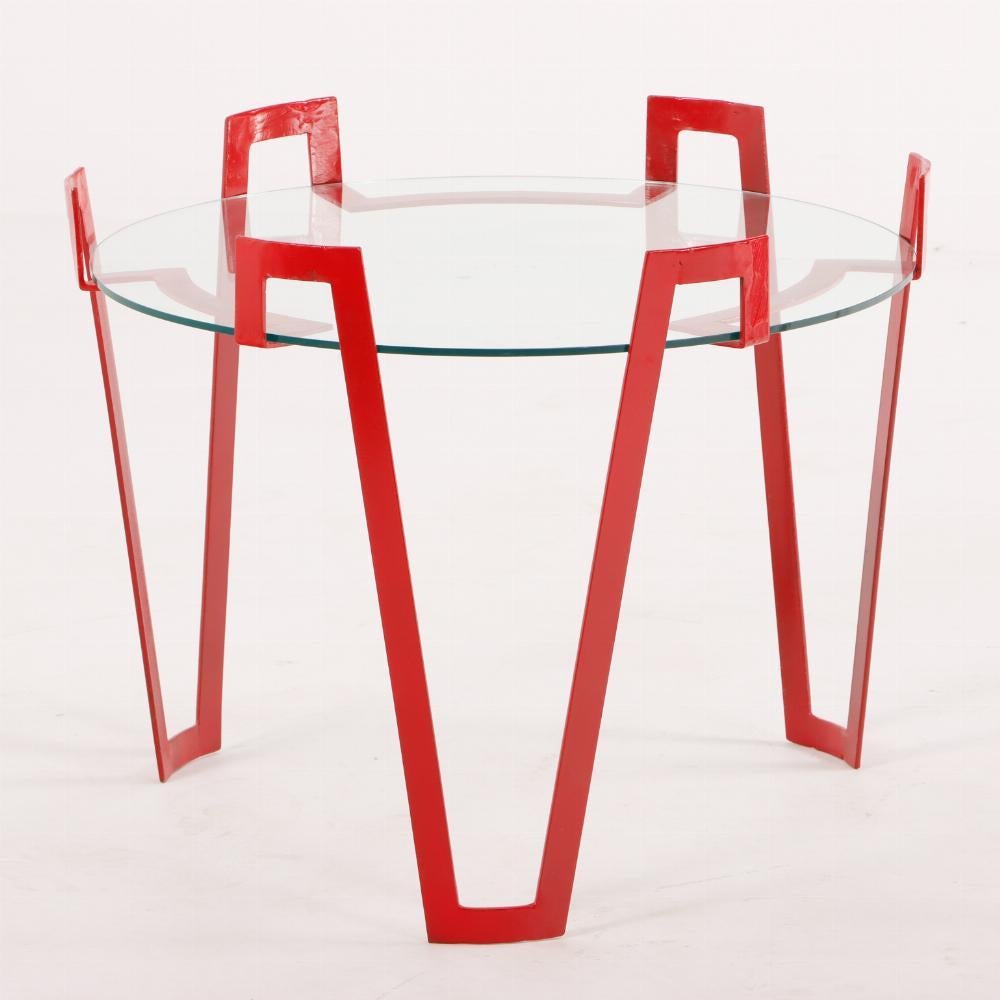 Mid-Century Modern Pair of eye-catching red iron end tables. For Sale