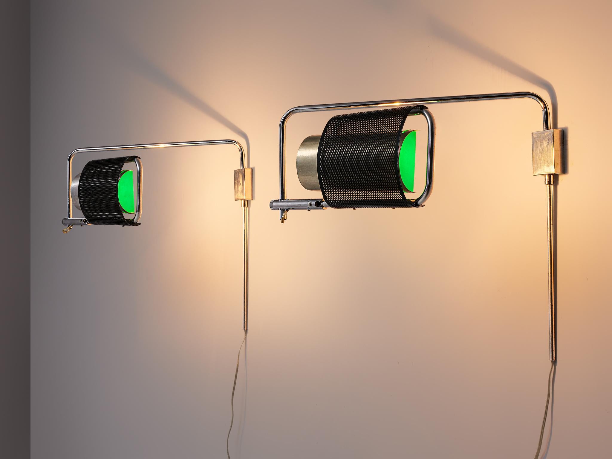 George Nelson for Koch & Lowy, pair of 'Eyeshade' wall lamps, steel, United States, 1975

A set of two sconces with a perforated, enameled, aluminum shade in green translucent end panels. The stem has been finished in chrome and fit with a chrome