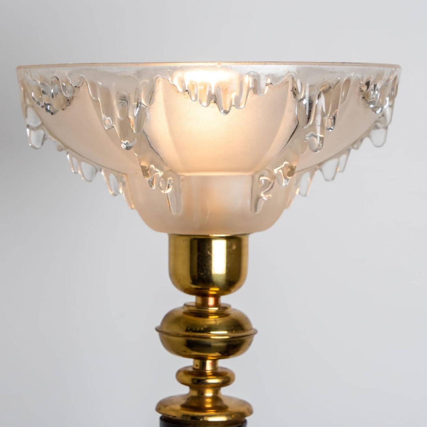 French Pair of Ezan Opalescent Glass Brass and Wood Table Lamp France, 1930s For Sale