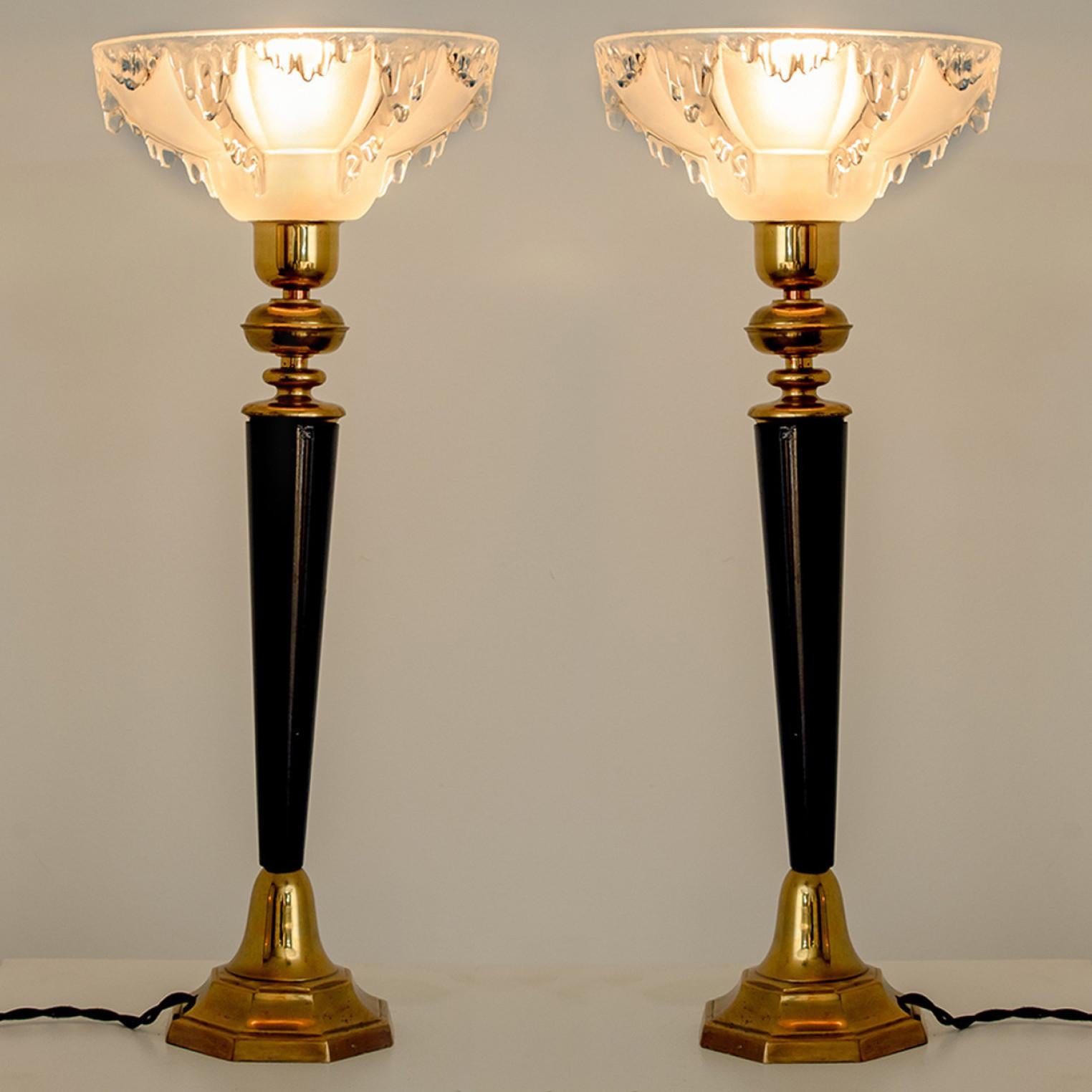 Mid-20th Century Pair of Ezan Opalescent Glass Brass and Wood Table Lamp France, 1930s For Sale