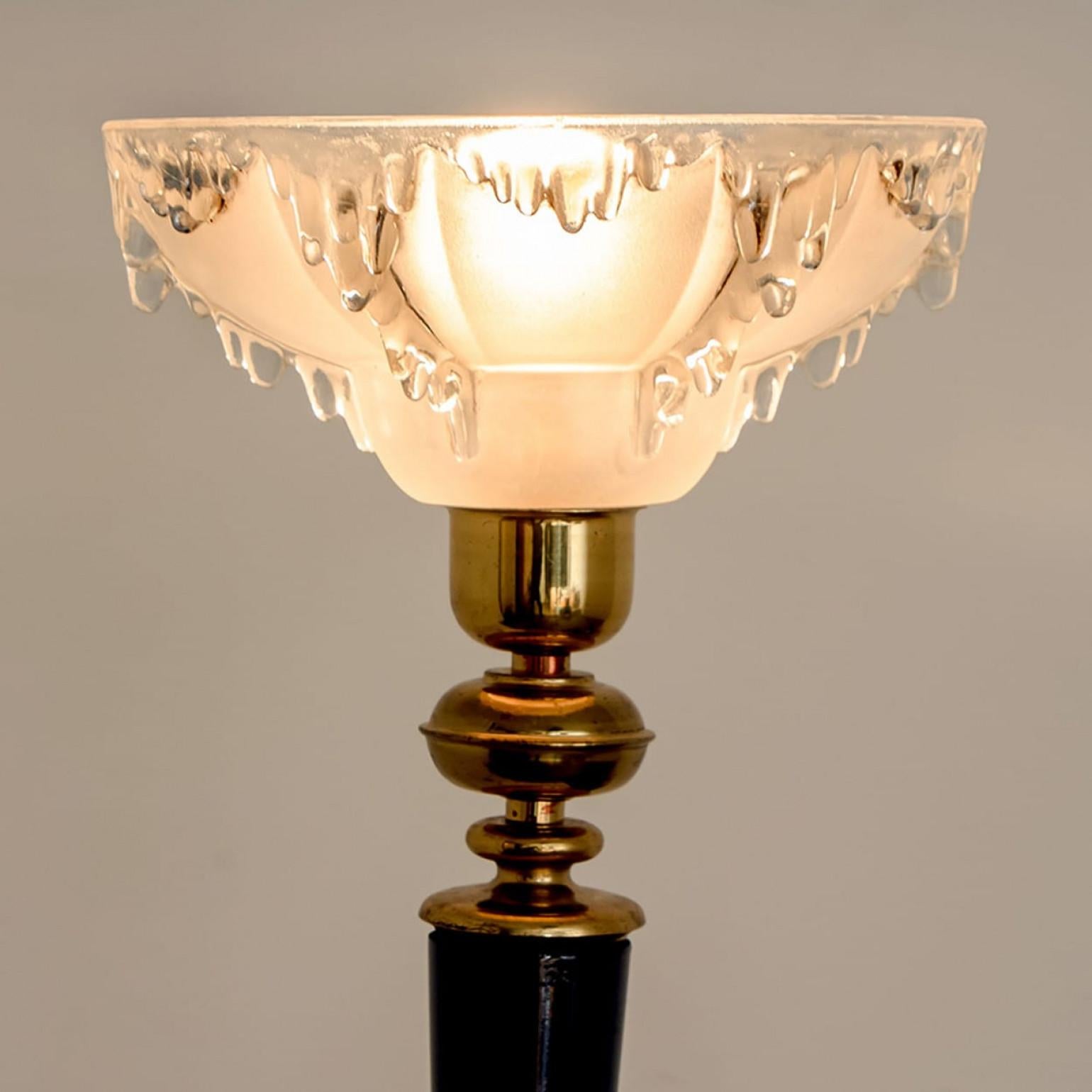 Mid-20th Century Pair of Ezan Opalescent Glass Brass and Wood Table Lamp France, 1930s For Sale