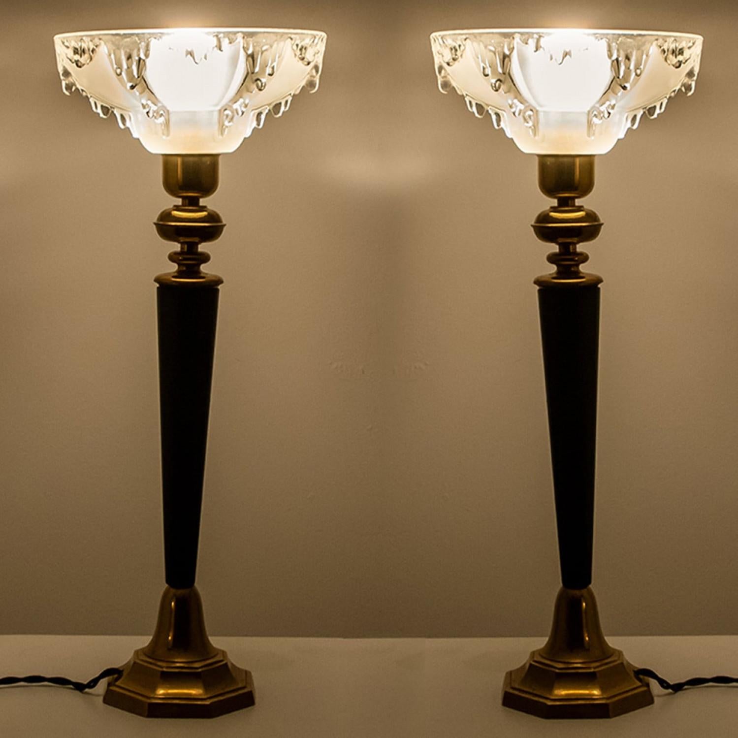 Pair of Ezan Opalescent Glass Brass and Wood Table Lamp France, 1930s For Sale 1