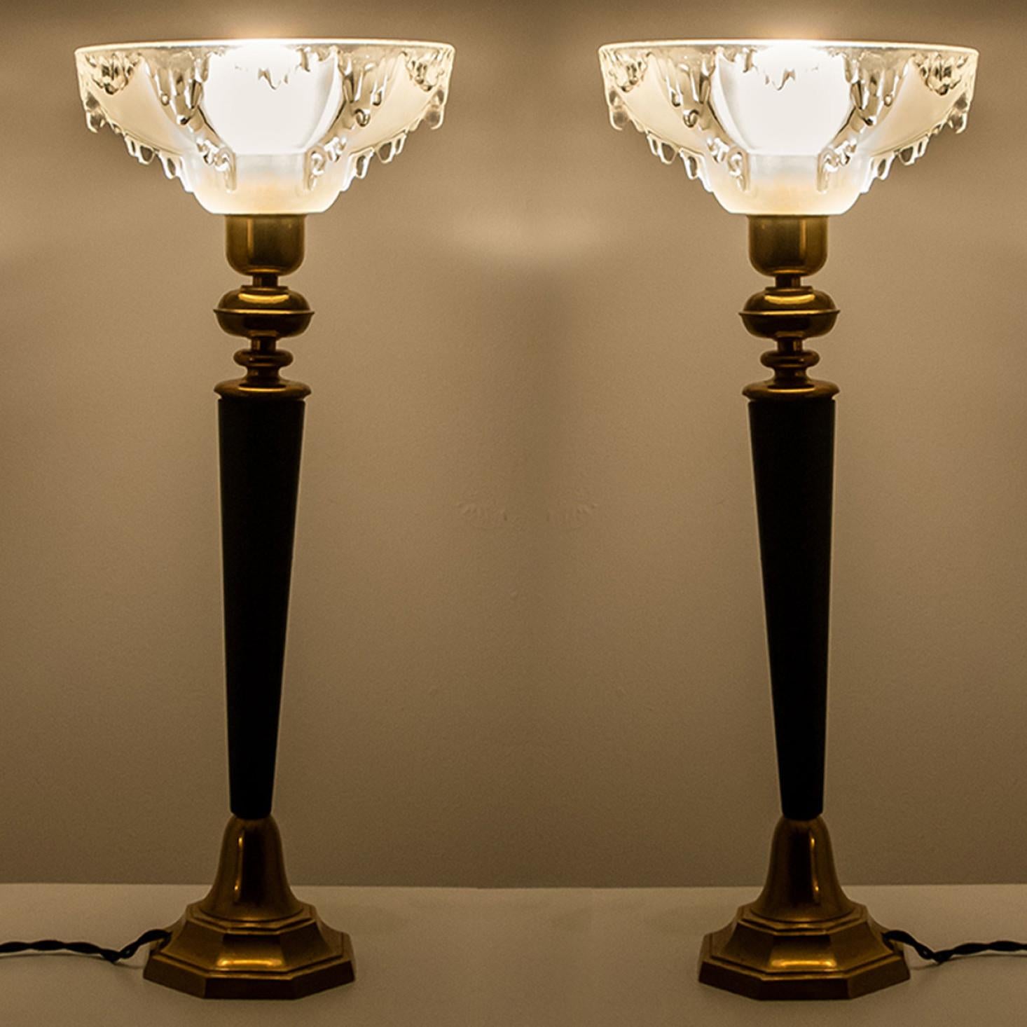 Pair of Ezan Opalescent Glass Brass and Wood Table Lamp France, 1930s For Sale 2