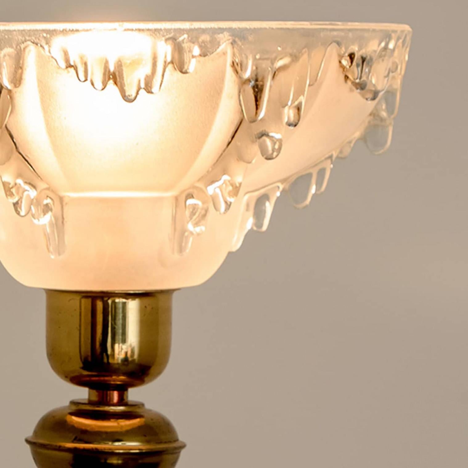 Pair of Ezan Opalescent Glass Brass and Wood Table Lamp France, 1930s For Sale 2
